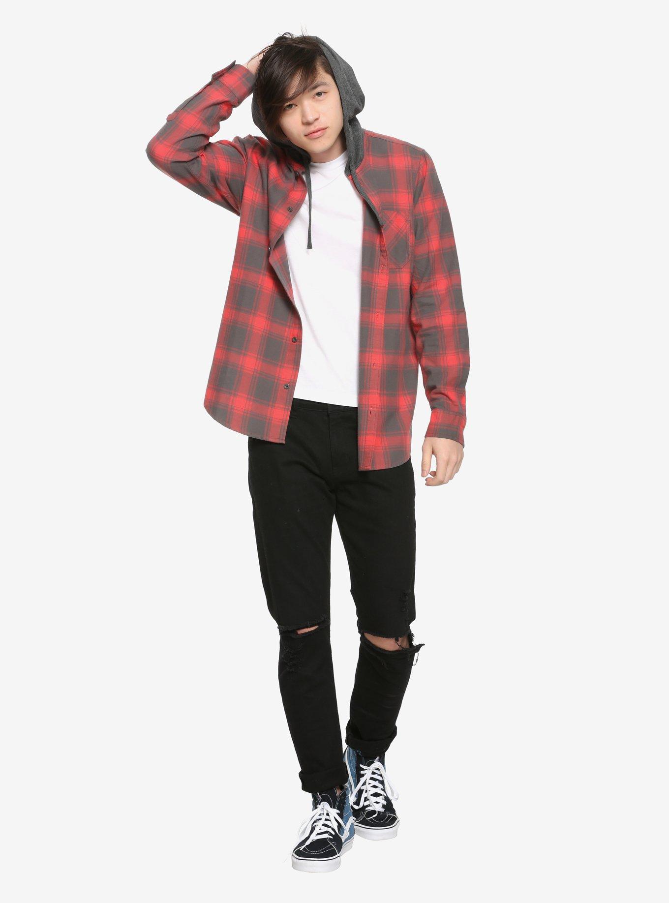 Red & Grey Plaid Hooded Flannel Button-Up, , alternate