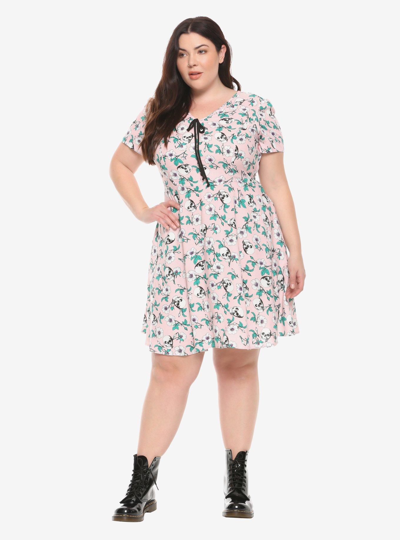 Pink Skulls & Flowers Retro Dress Plus Size, , alternate