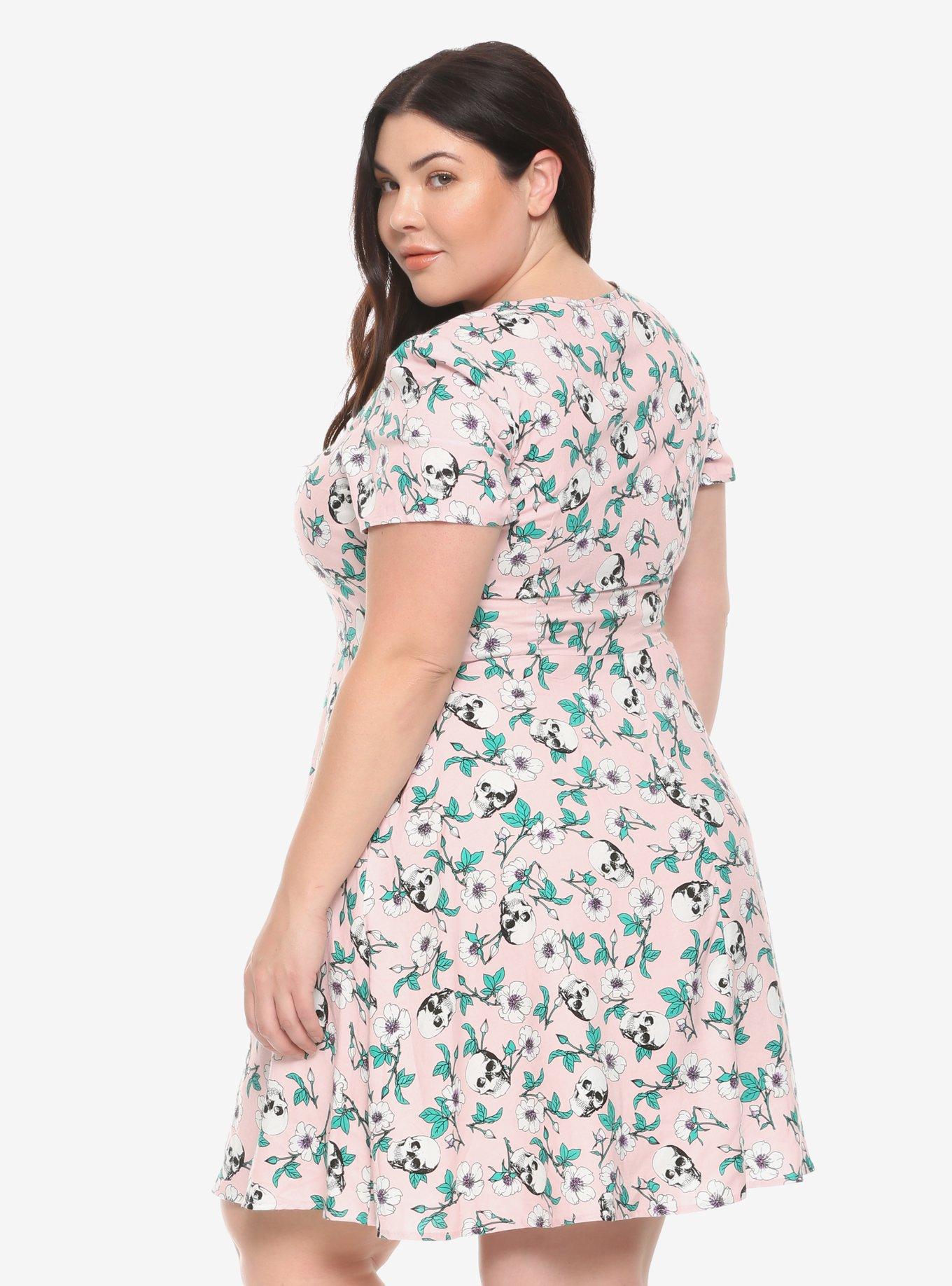 Pink Skulls & Flowers Retro Dress Plus Size, , alternate