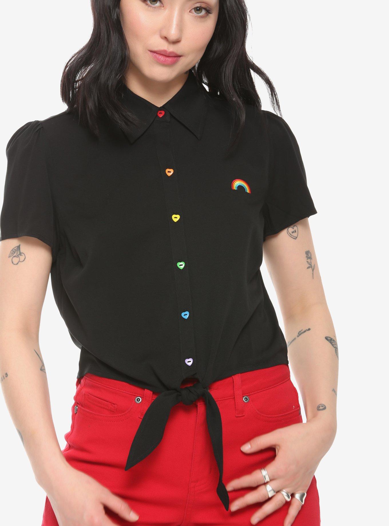 Rainbow Buttons Tie-Front Girls Woven Button-Up, BLACK, alternate