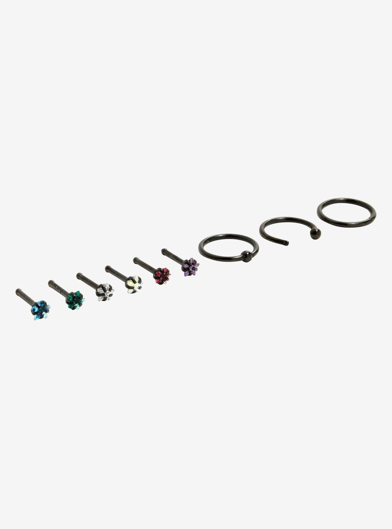 Steel Star Gems Nose Stud & Hoop 9 Pack, MULTI, alternate