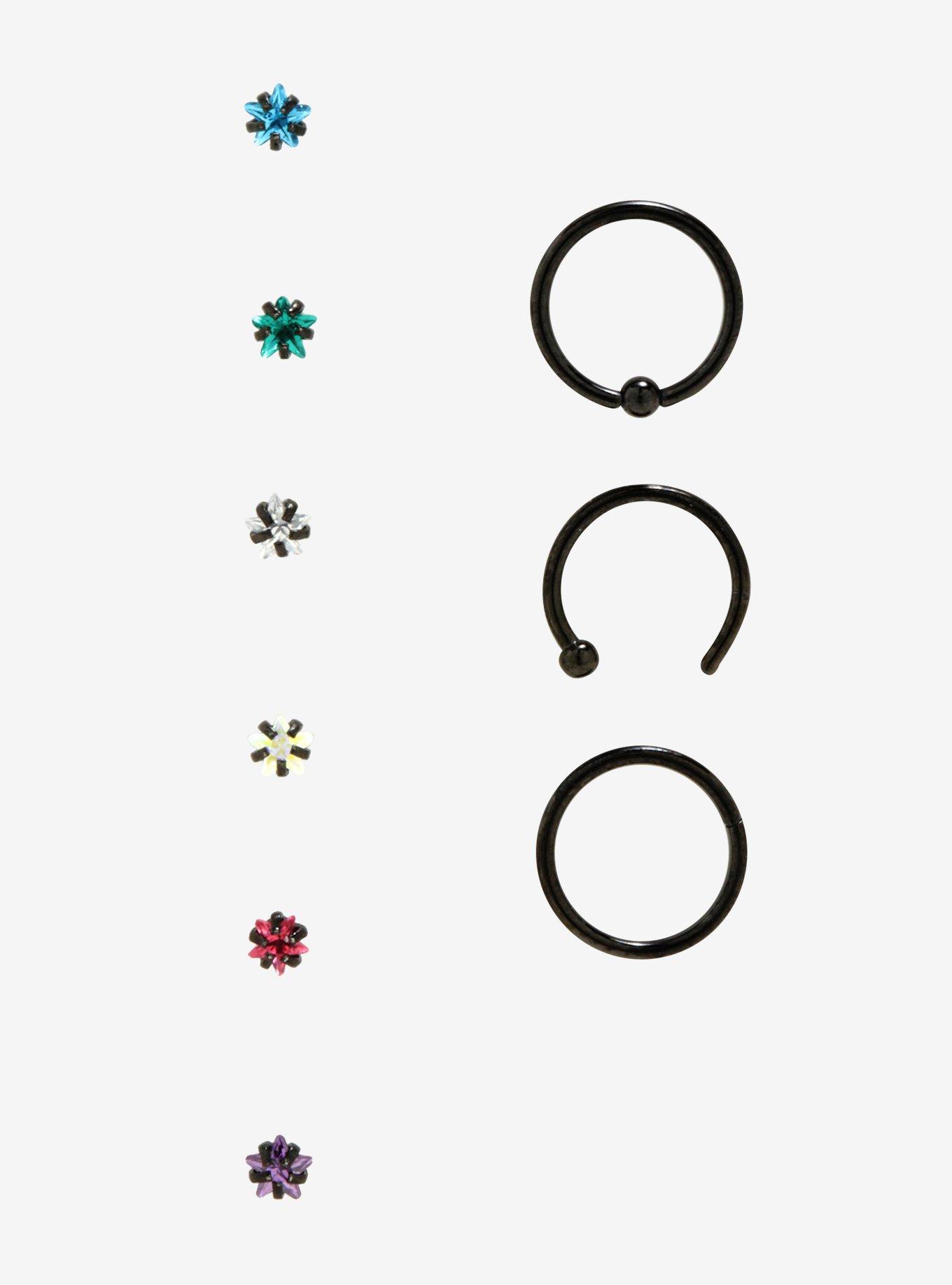 Steel Star Gems Nose Stud & Hoop 9 Pack, MULTI, alternate