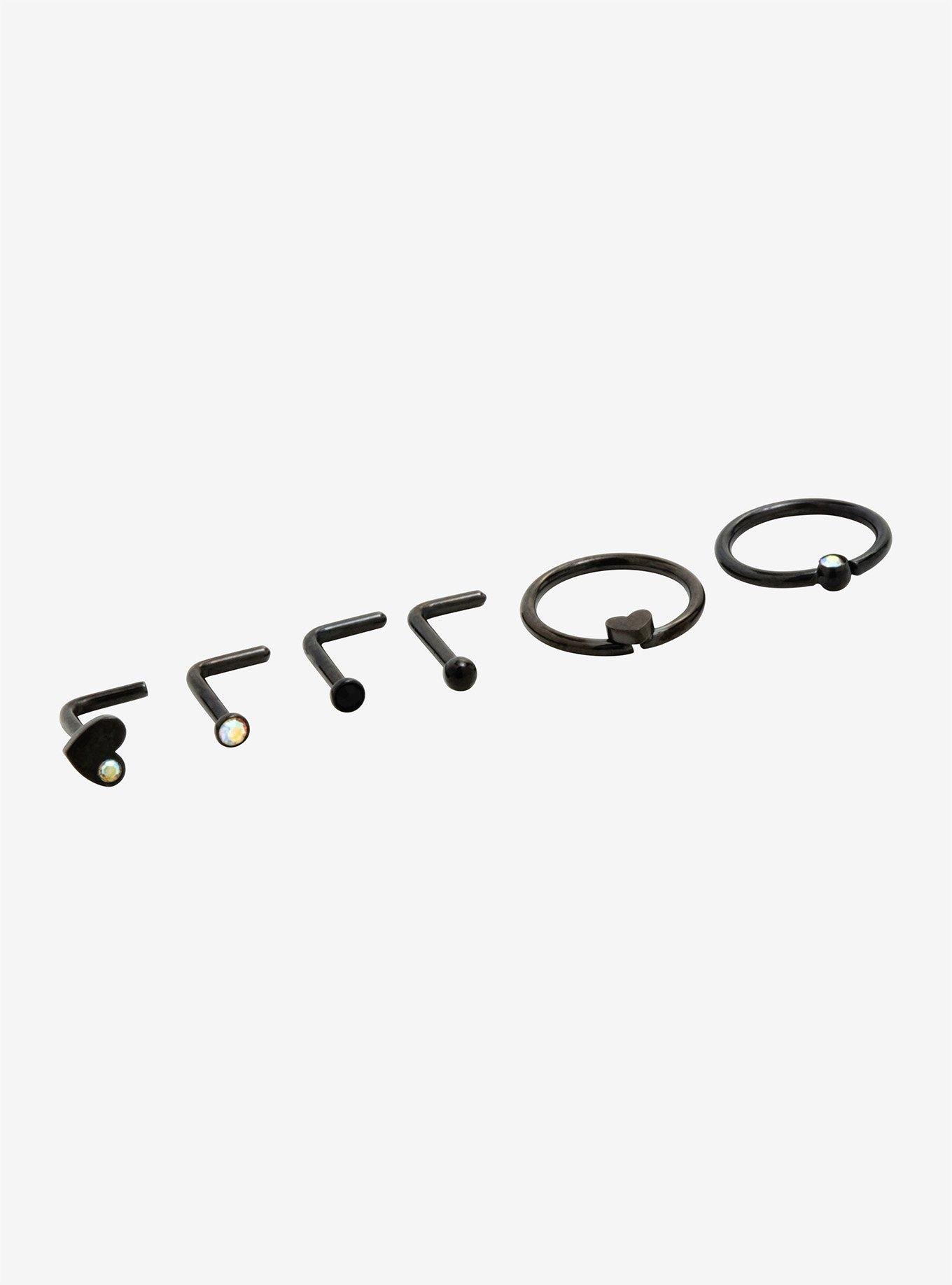 Steel Black Heart & Opal Nose Stud & Hoop 6 Pack, , alternate