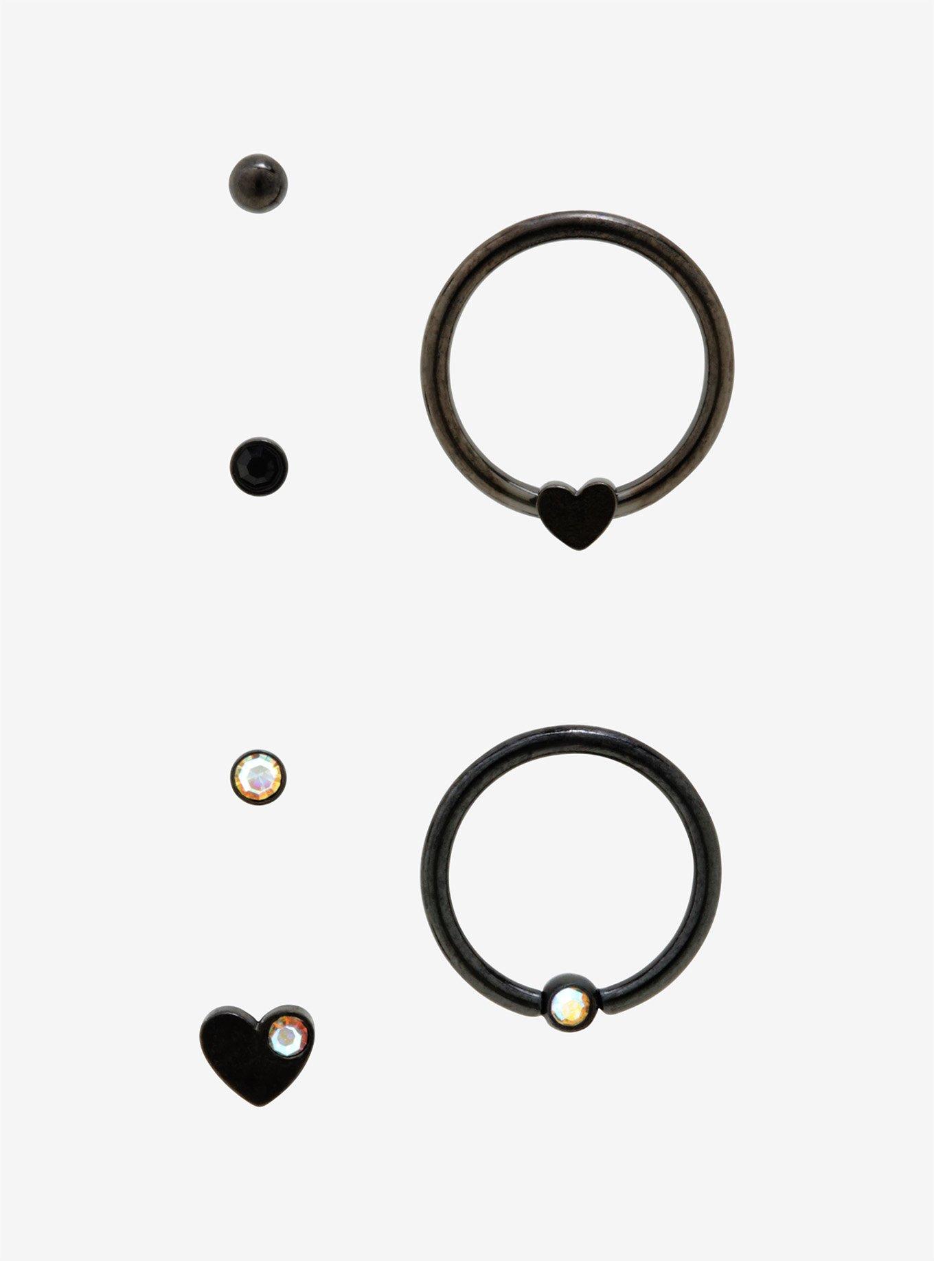 Steel Black Heart & Opal Nose Stud & Hoop 6 Pack, , alternate