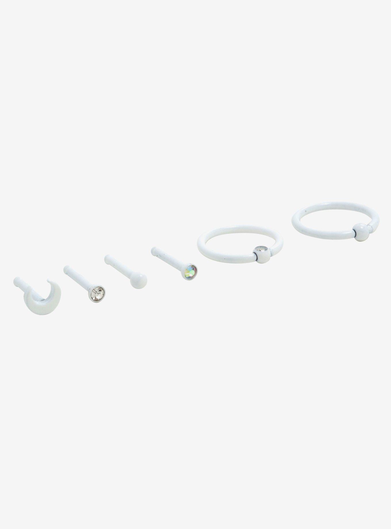 Steel White Crescent Moon Nose Stud & Hoop 6 Pack, , alternate