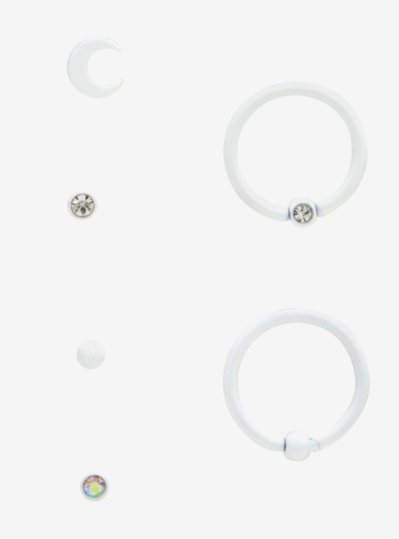 Steel White Crescent Moon Nose Stud & Hoop 6 Pack, , alternate