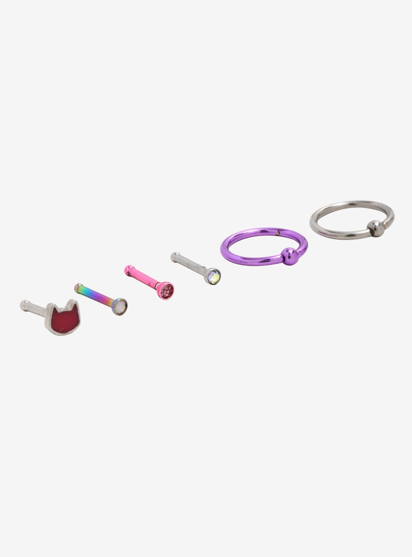 Steel Pink & Purple Nose Stud & Hoop 6 Pack, , alternate