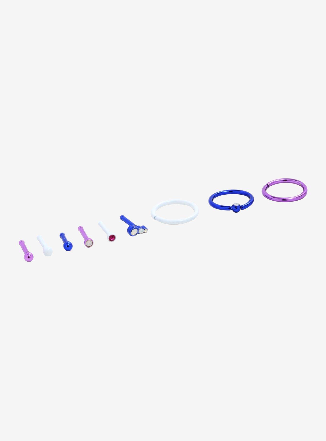 Steel Purple Blue White Nose Stud & Hoop 9 Pack, , alternate