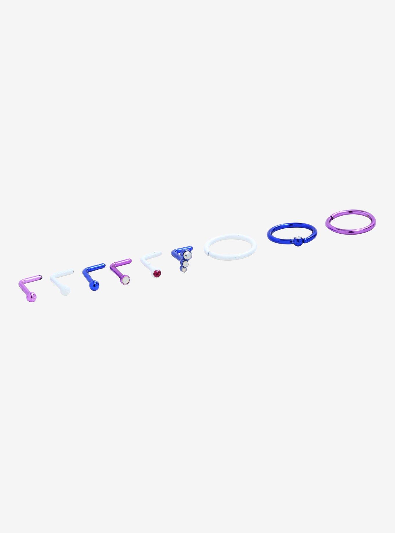 Steel Purple Blue White Nose Stud & Hoop 9 Pack, , alternate