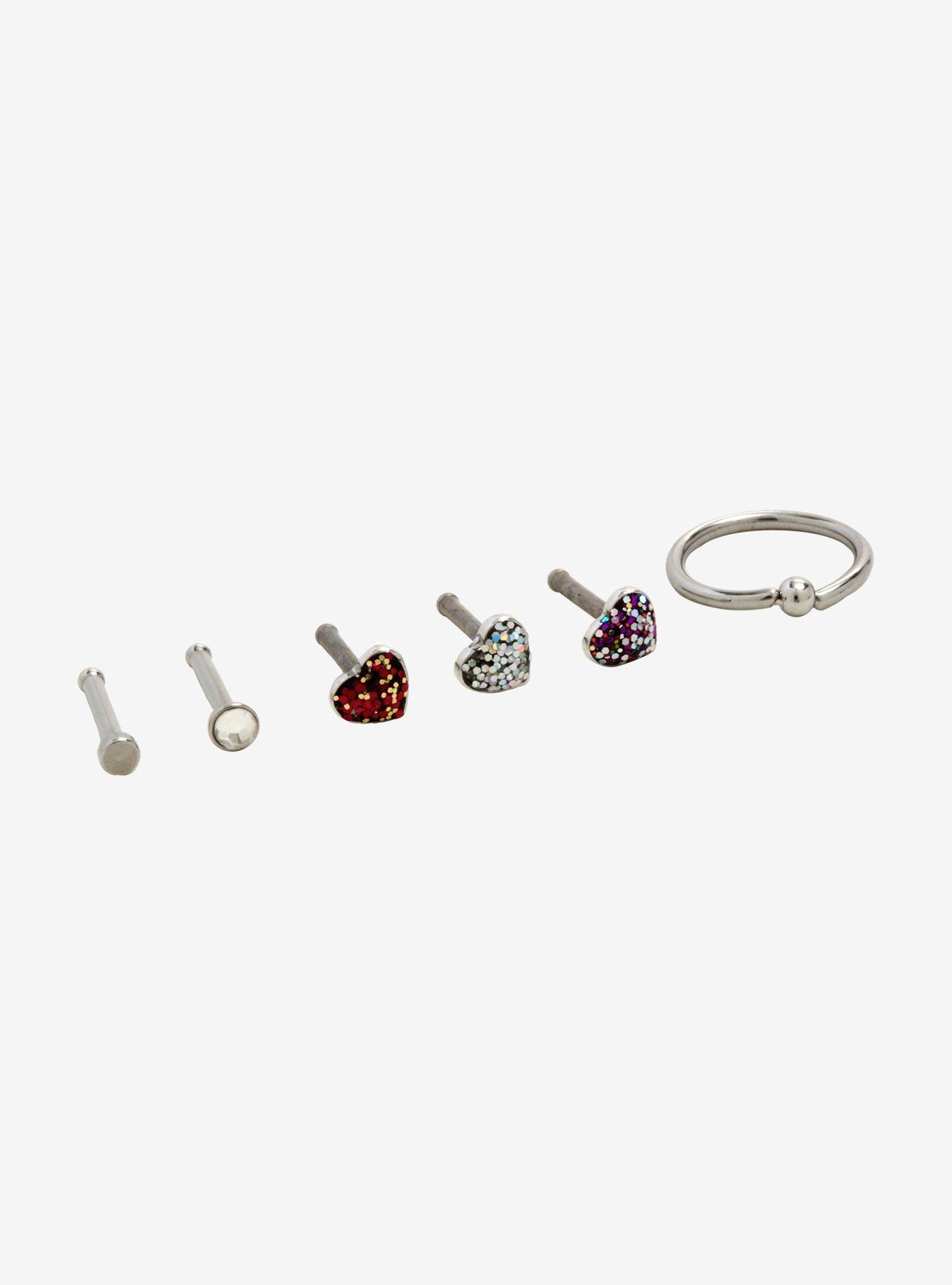 Steel Glitter Heart Nose Stud & Hoop 6 Pack, MULTI, alternate
