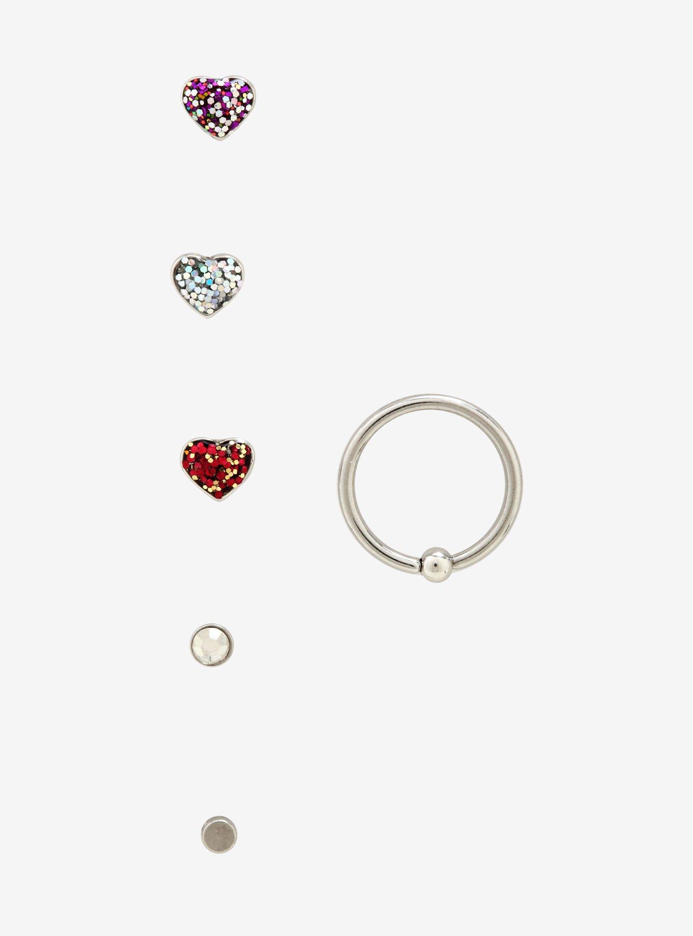 Steel Glitter Heart Nose Stud & Hoop 6 Pack, MULTI, alternate