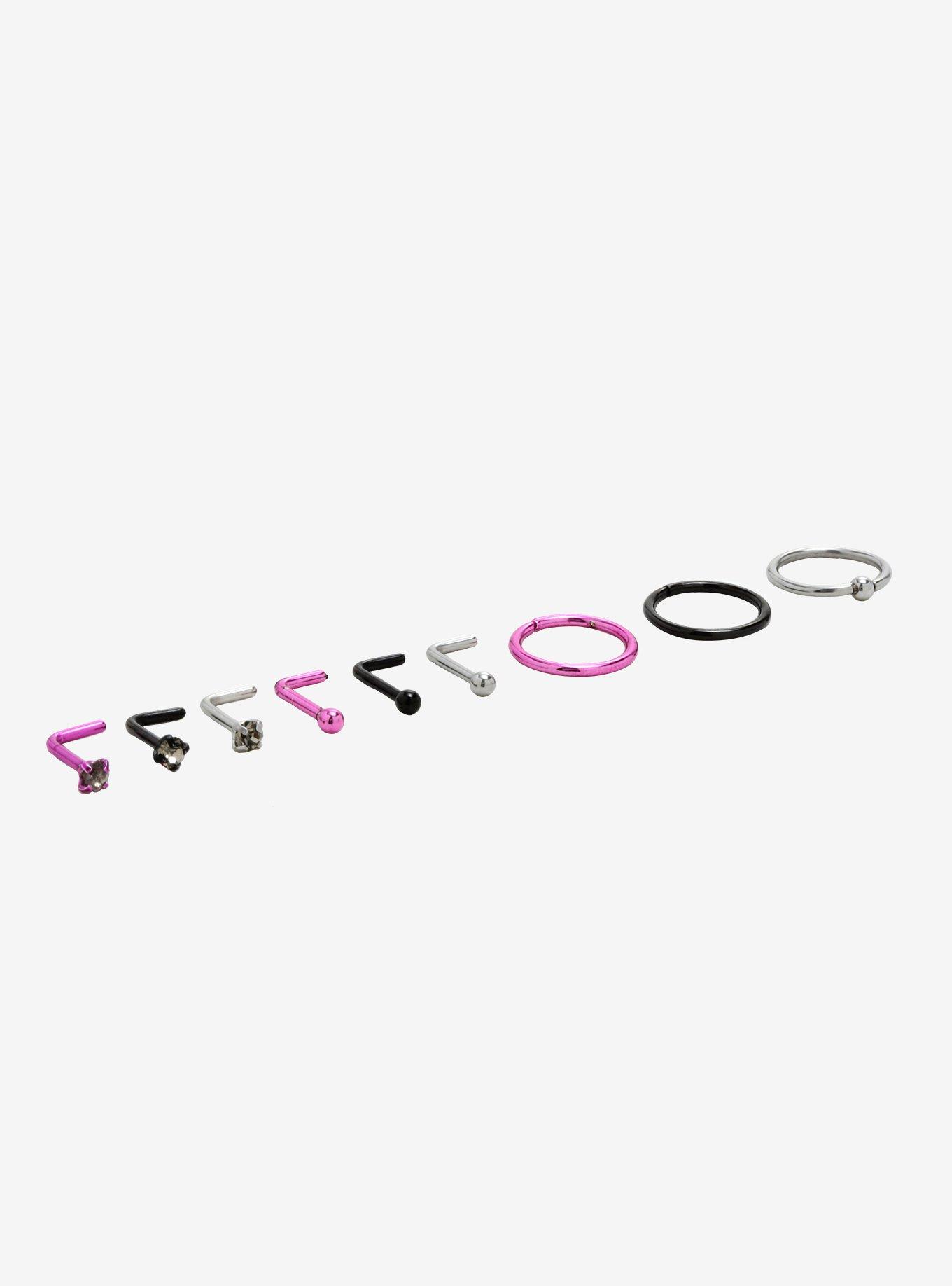 Steel Pink & Black CZ Nose Stud & Hoop 9 Pack, , alternate