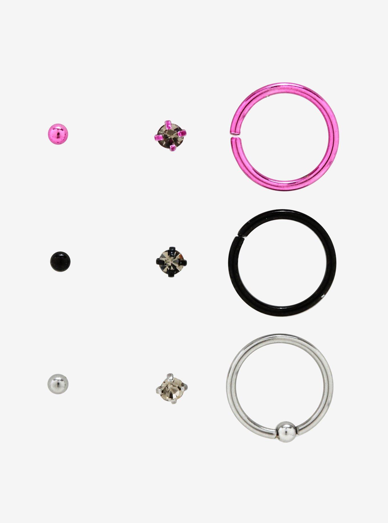 Steel Pink & Black CZ Nose Stud & Hoop 9 Pack, , alternate
