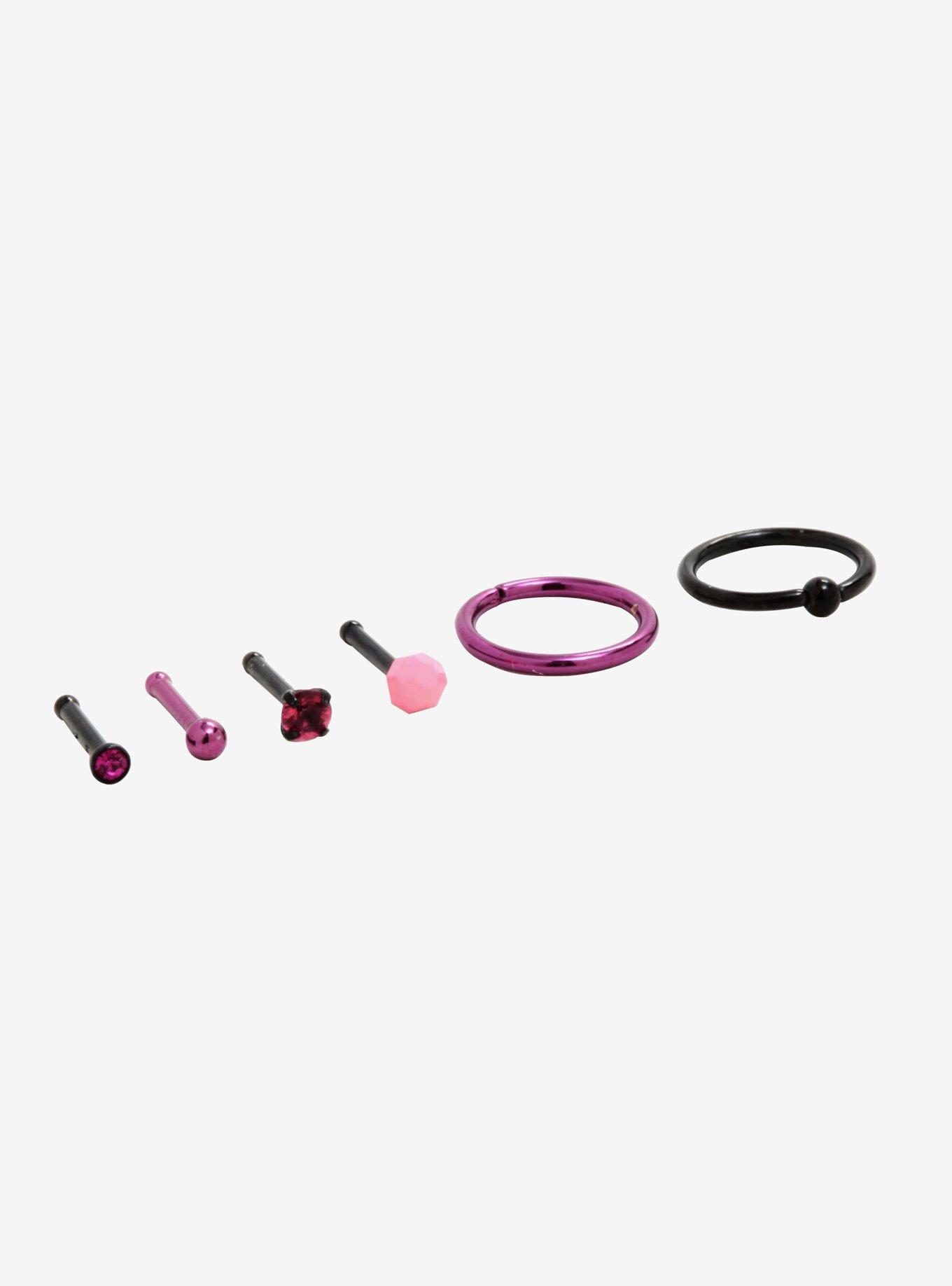 Steel Black & Pink Nose Bone & Hoop 6 Pack, MULTI, alternate