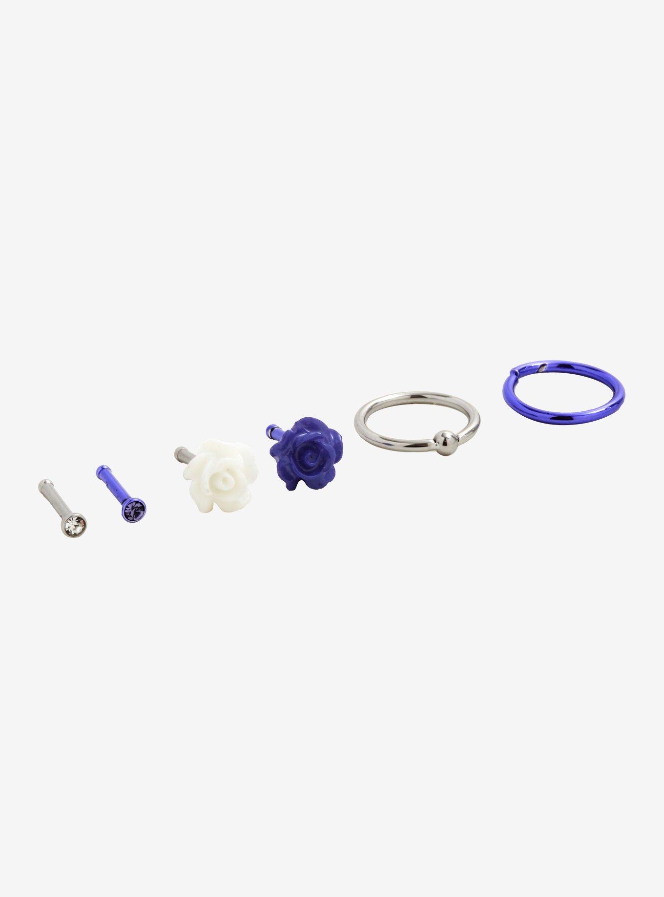 Steel Purple & White Rose Nose Stud & Hoop 6 Pack, , alternate
