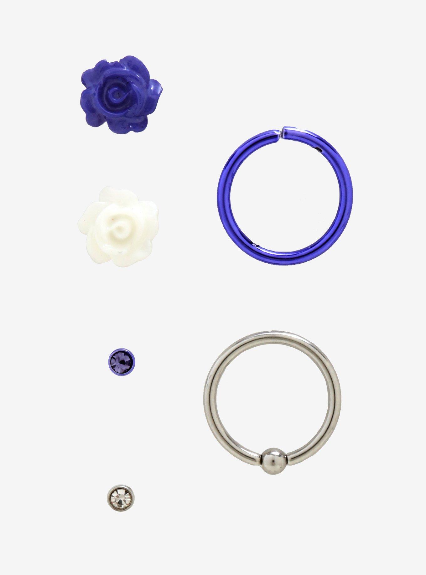 Steel Purple & White Rose Nose Stud & Hoop 6 Pack, , alternate