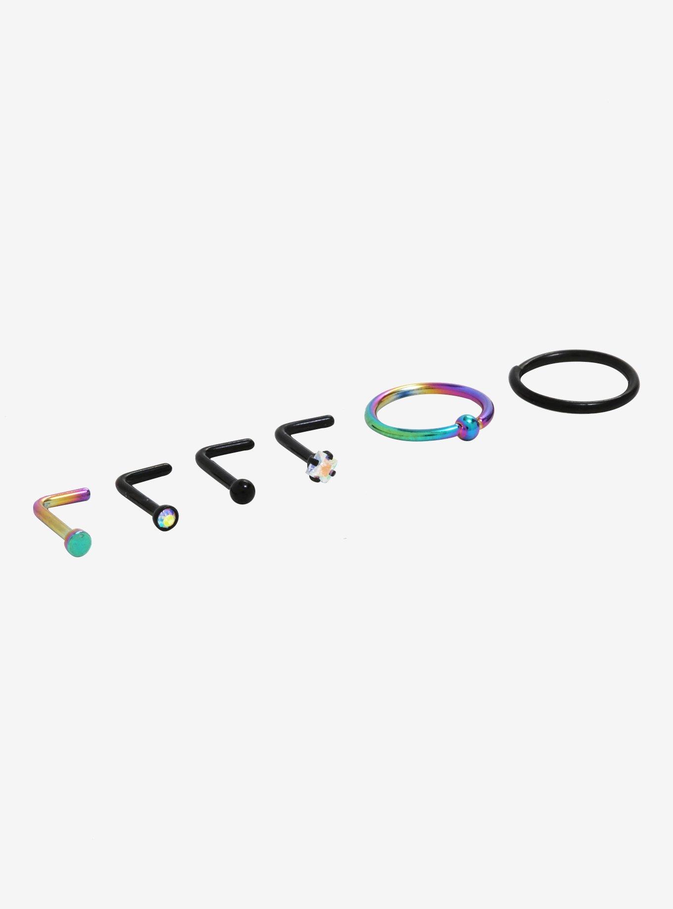 Steel Rainbow & Black Nose Stud & Hoop 6 Pack, MULTI, alternate
