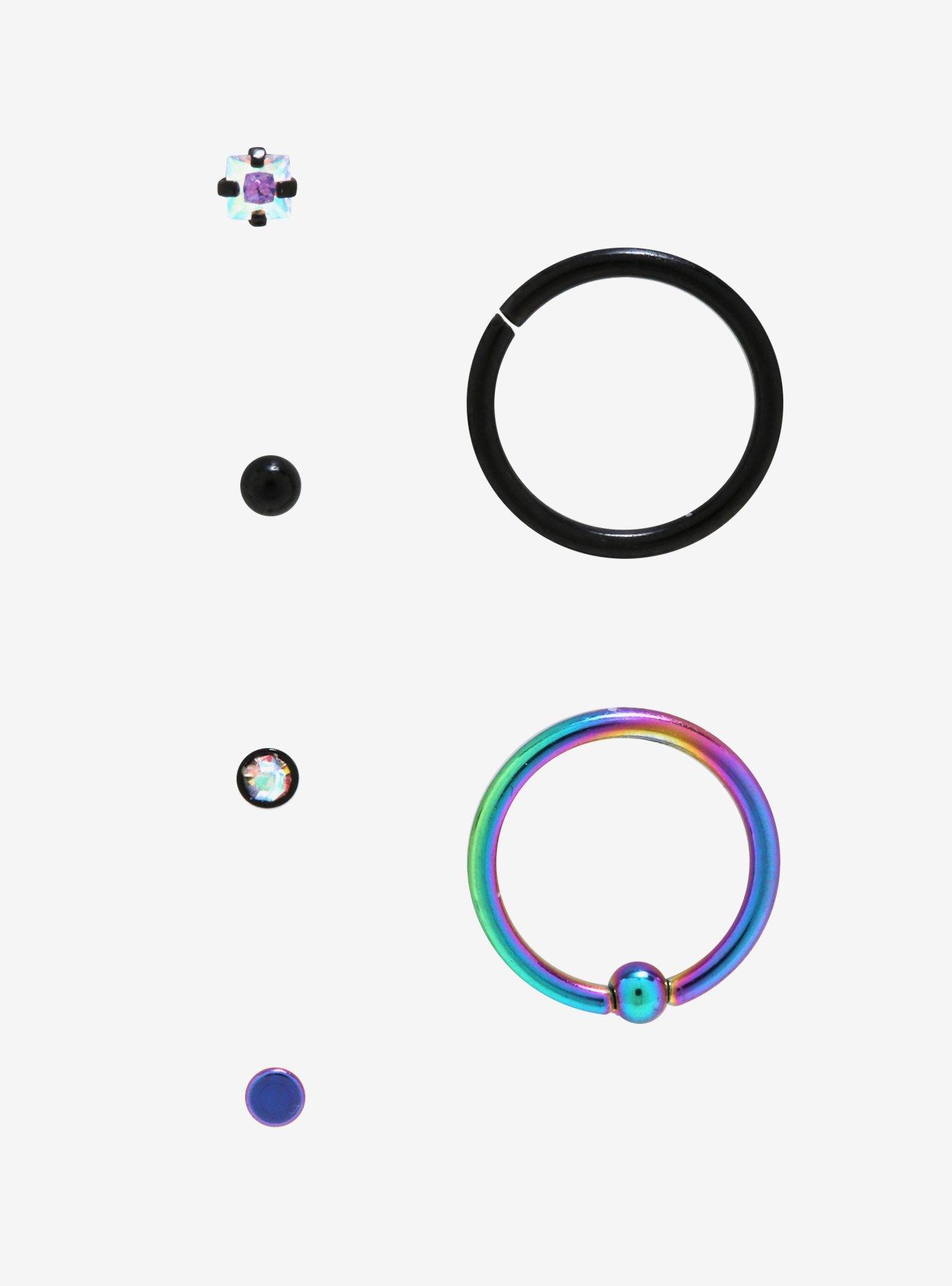 Steel Rainbow & Black Nose Stud & Hoop 6 Pack, MULTI, alternate