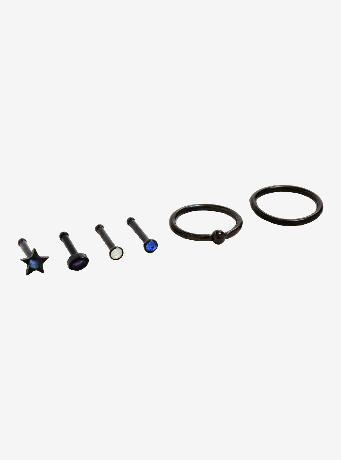 Steel Black Star Nose Stud & Hoop 6 Pack, MULTI, alternate