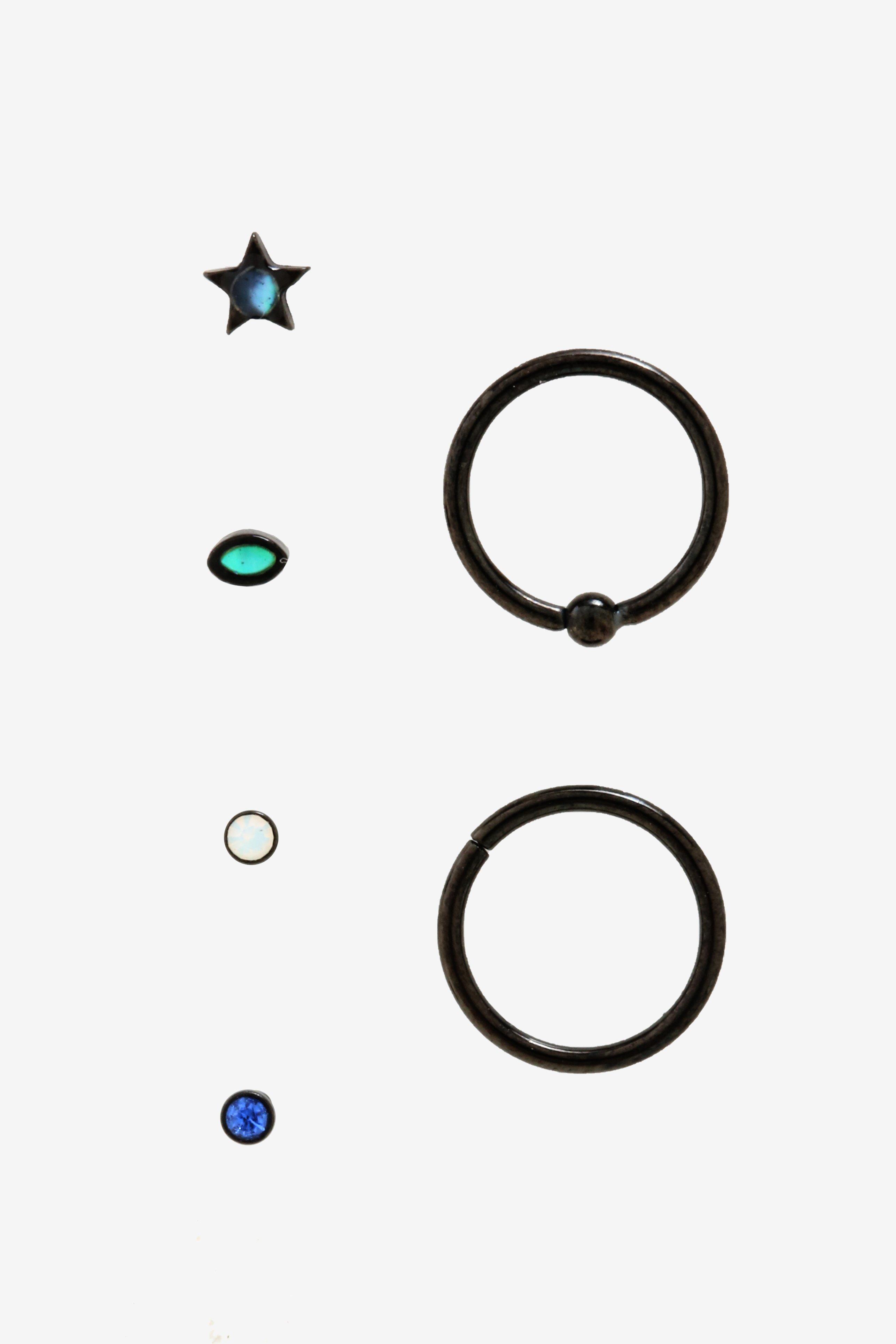 Steel Black Star Nose Stud & Hoop 6 Pack, MULTI, alternate