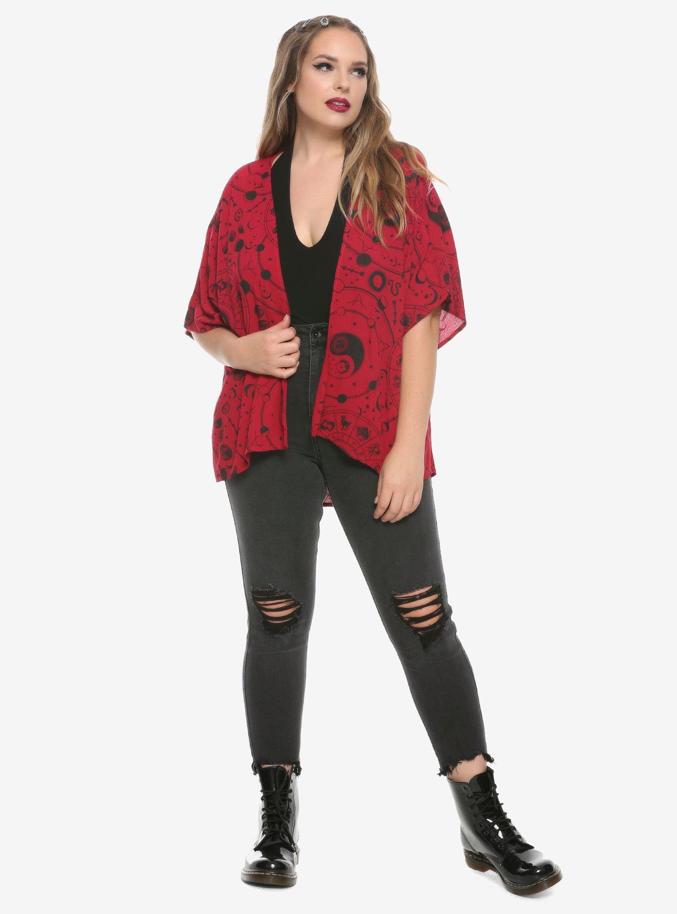 Burgundy Astrology Print Kimono Plus Size, BURGUNDY, alternate