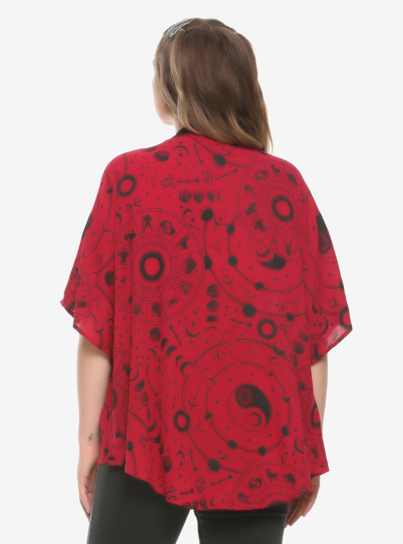 Burgundy Astrology Print Kimono Plus Size, BURGUNDY, alternate
