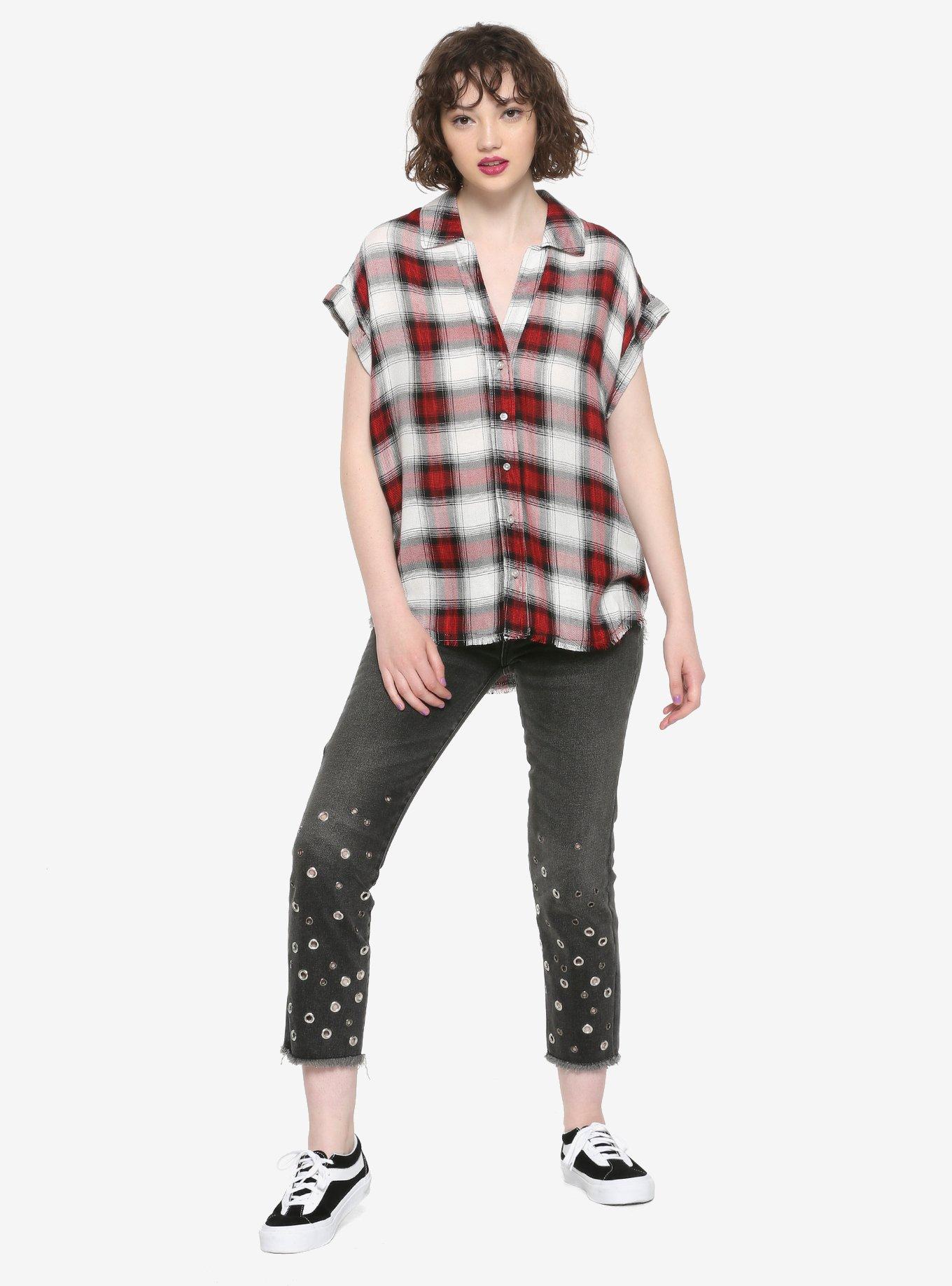 Red Black & White Plaid Girls Button-Up Woven Top, PLAID, alternate