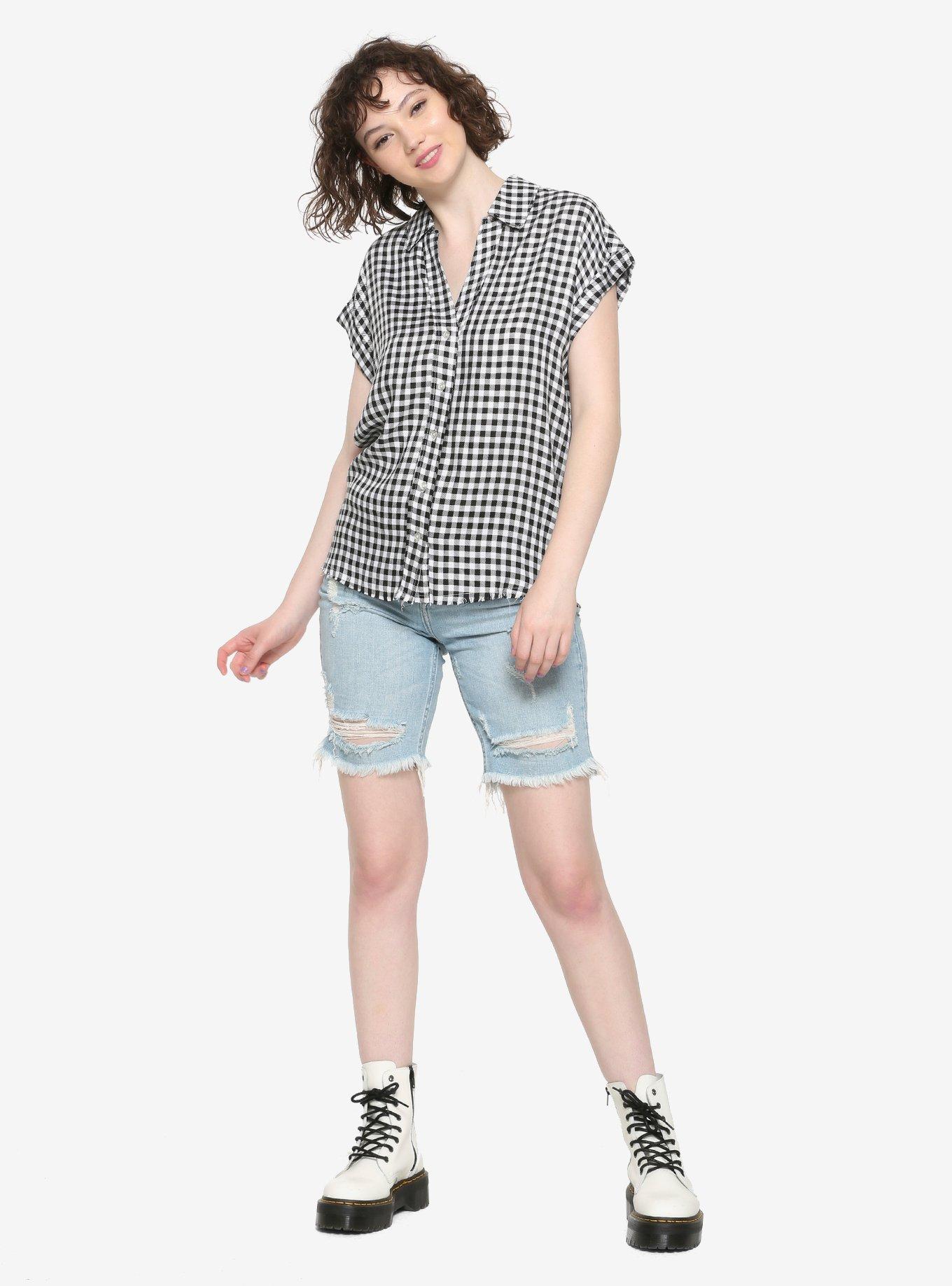Black & White Gingham Girls Button-Up Woven Top, PLAID, alternate