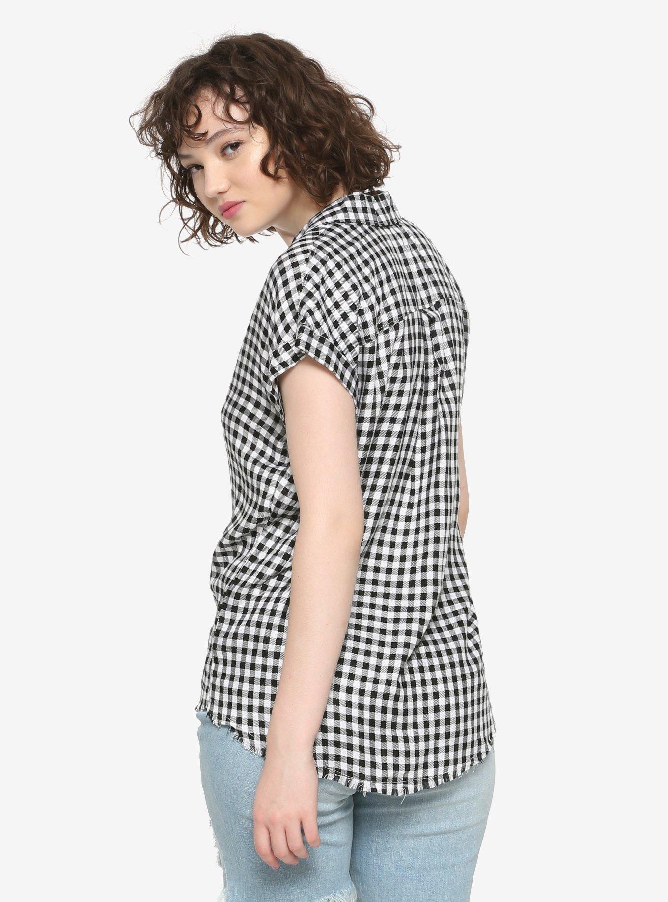 Black & White Gingham Girls Button-Up Woven Top, PLAID, alternate