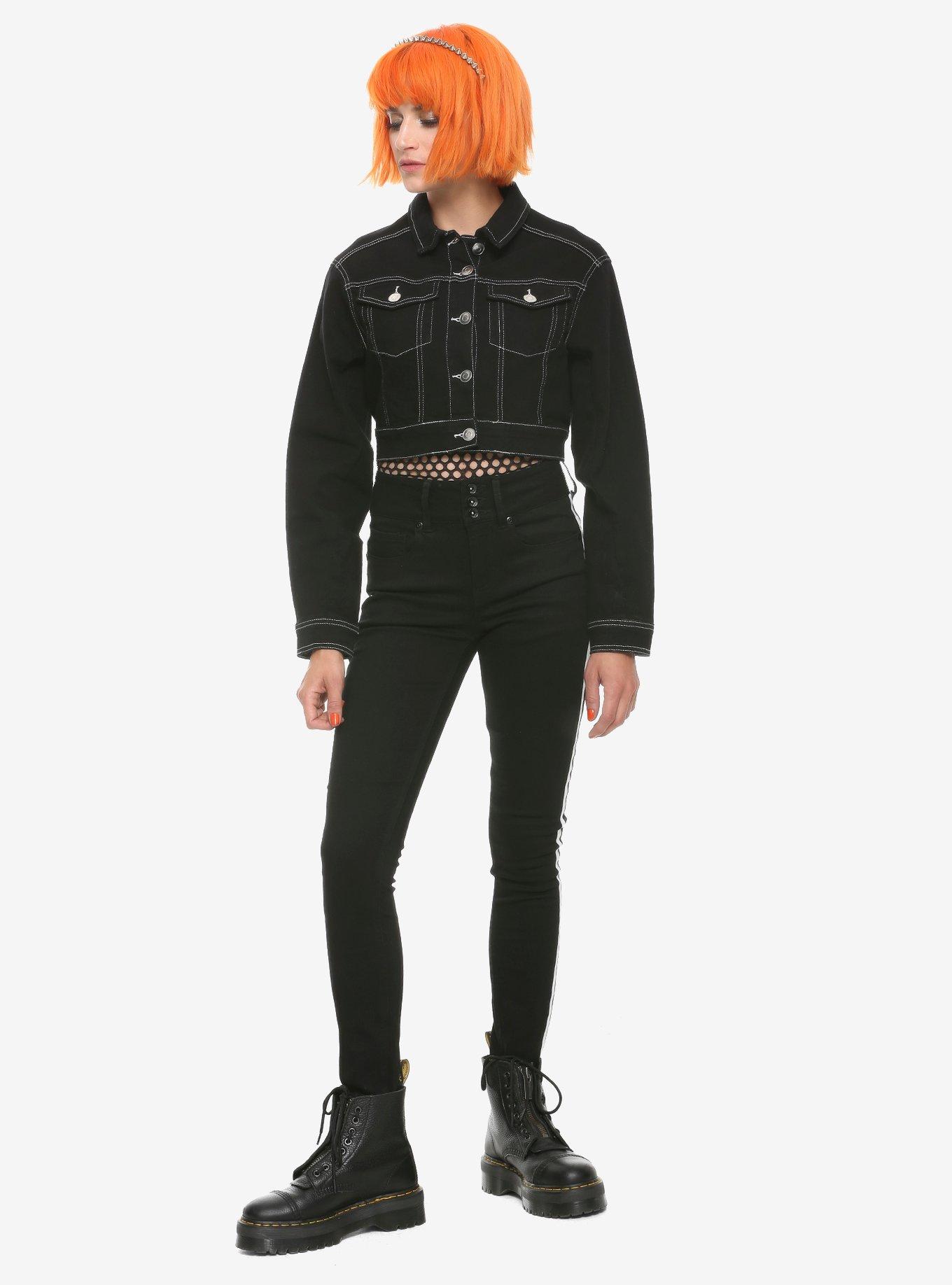 Contrast Stitch Girls Crop Jacket, BLACK, alternate