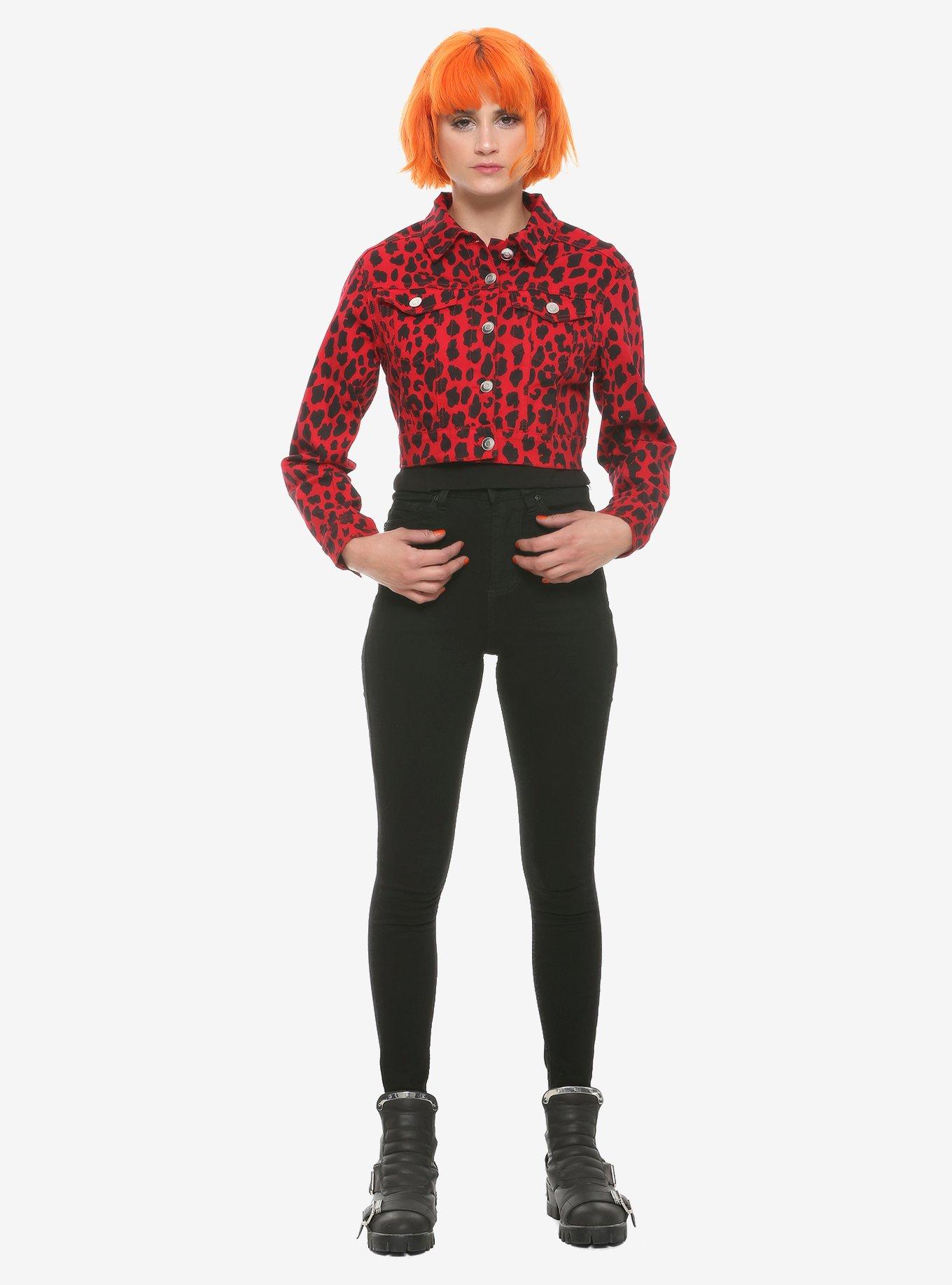 Leopard Print Girls Crop Jacket, RED, alternate
