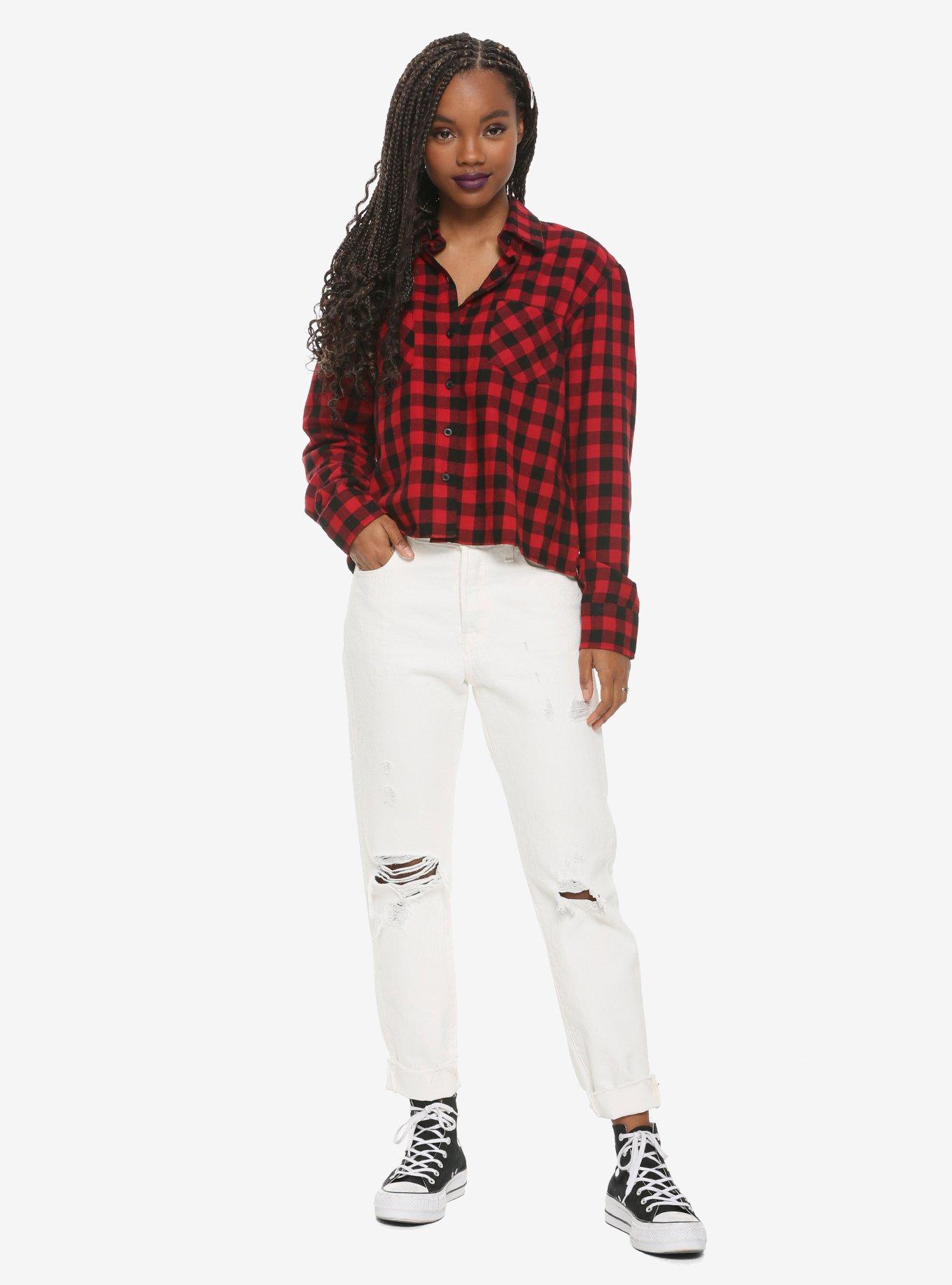 Buffalo Check Girls Crop Flannel Top, BLACK  RED, alternate