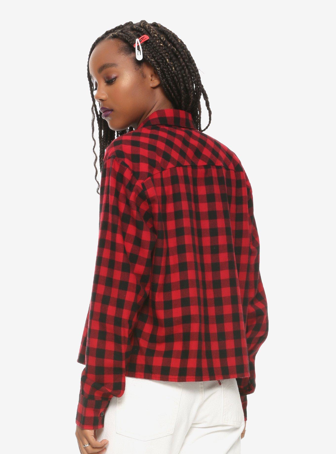Buffalo Check Girls Crop Flannel Top, BLACK  RED, alternate