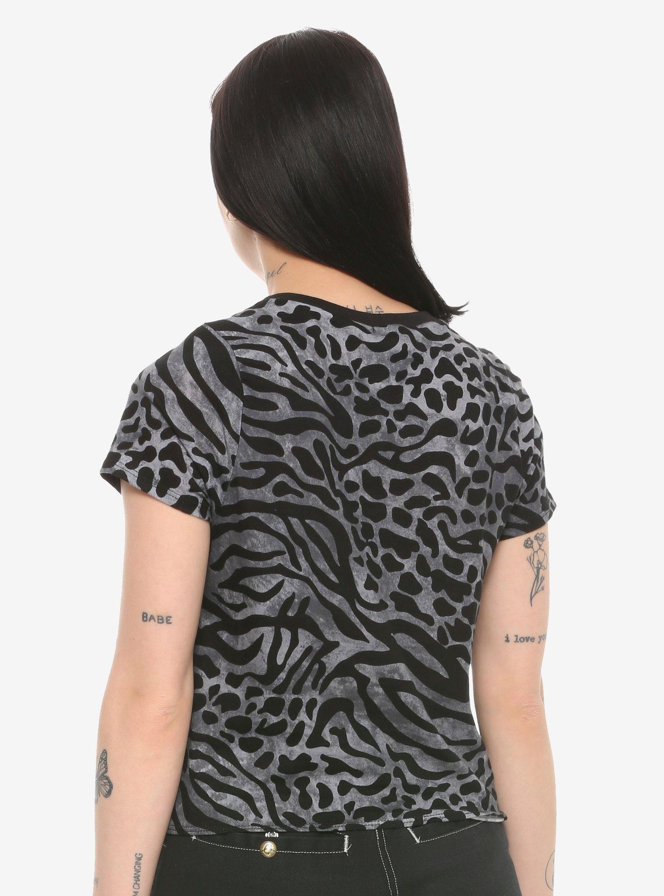 Grey Animal Print Girls Tie-Front T-Shirt, ANIMAL, alternate