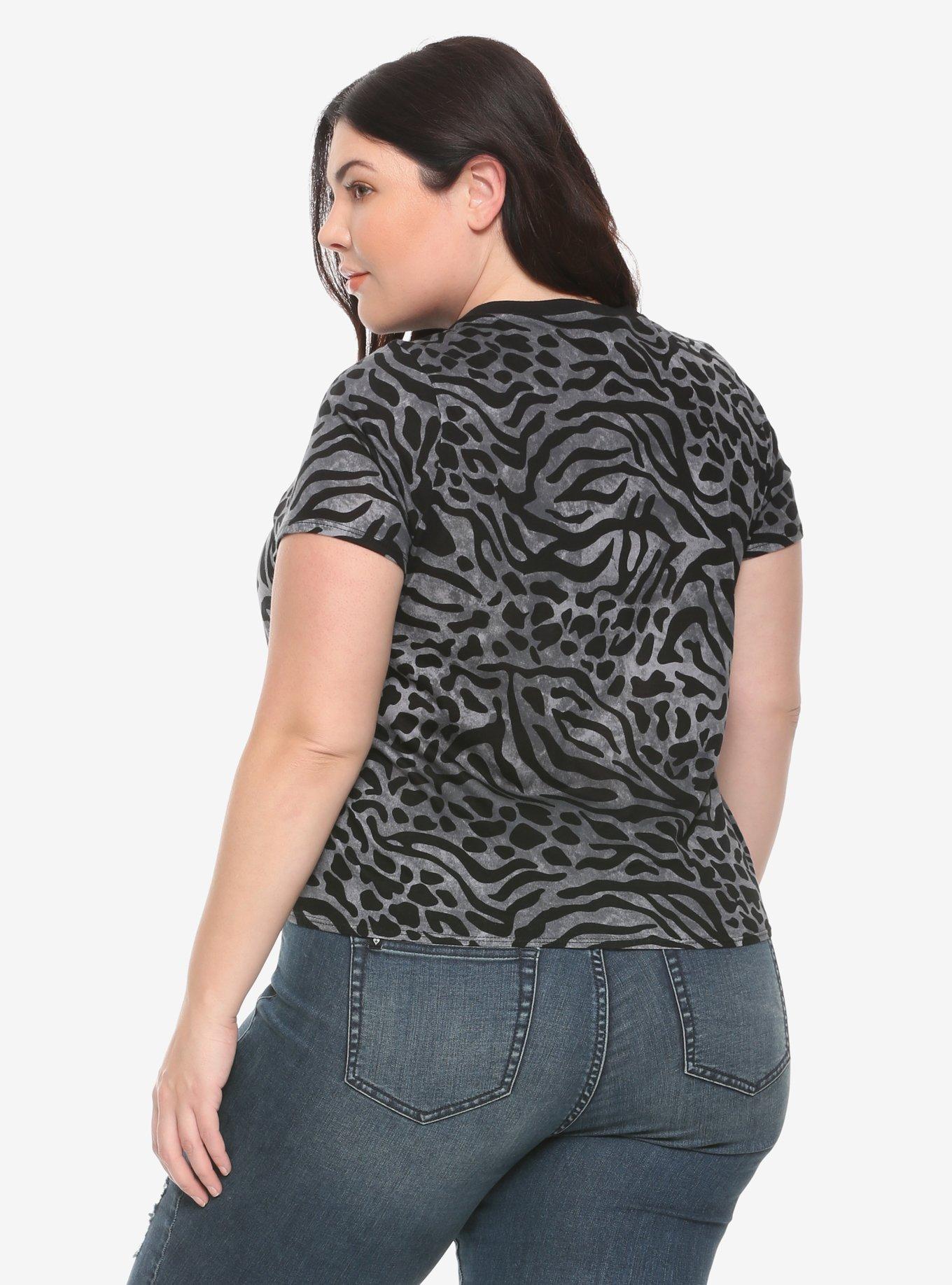 Grey Animal Print Girls Tie-Front T-Shirt Plus Size, ANIMAL, alternate