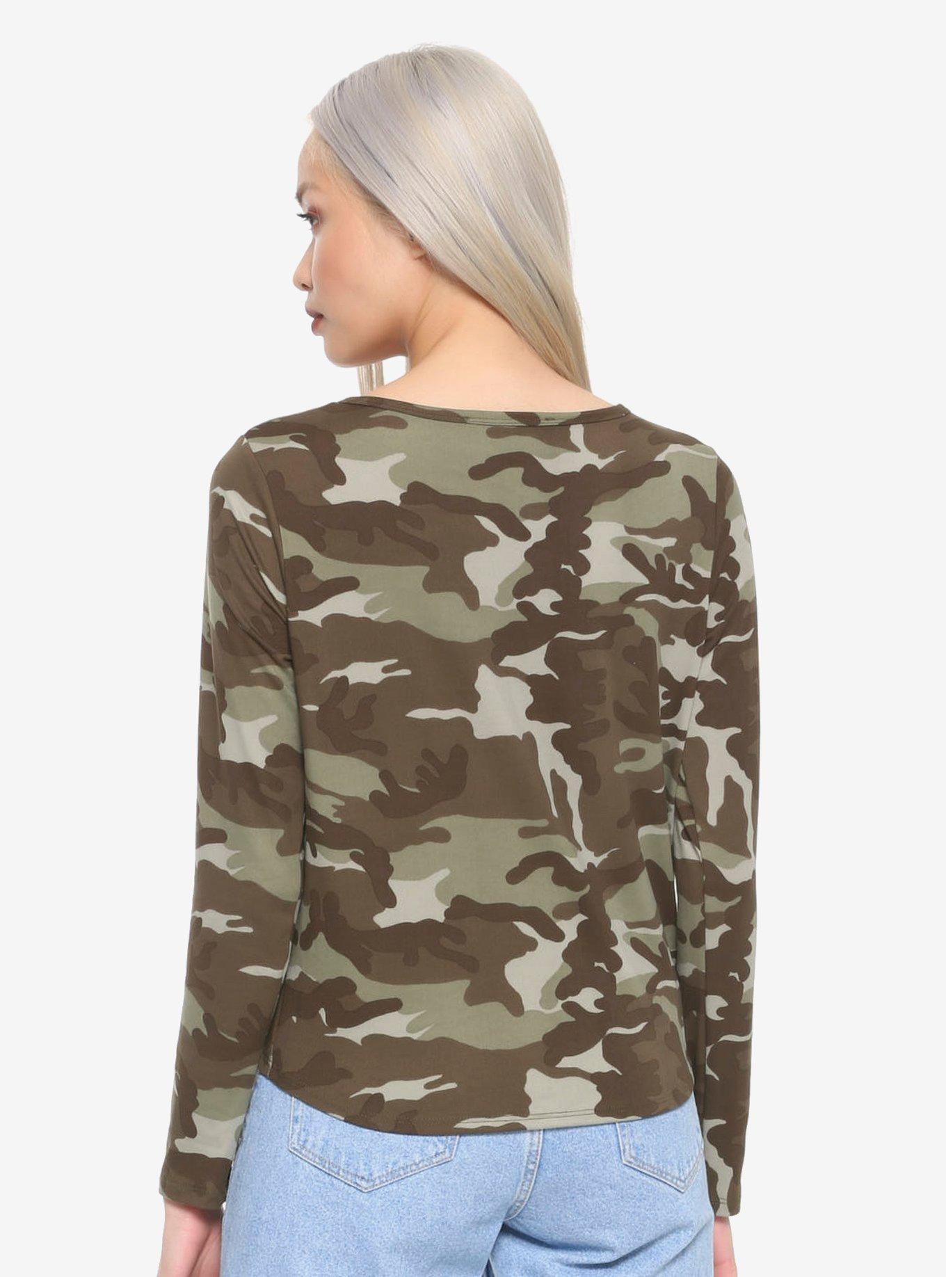 Green Camo Tie-Front Girls Top, ARMY GREEN, alternate
