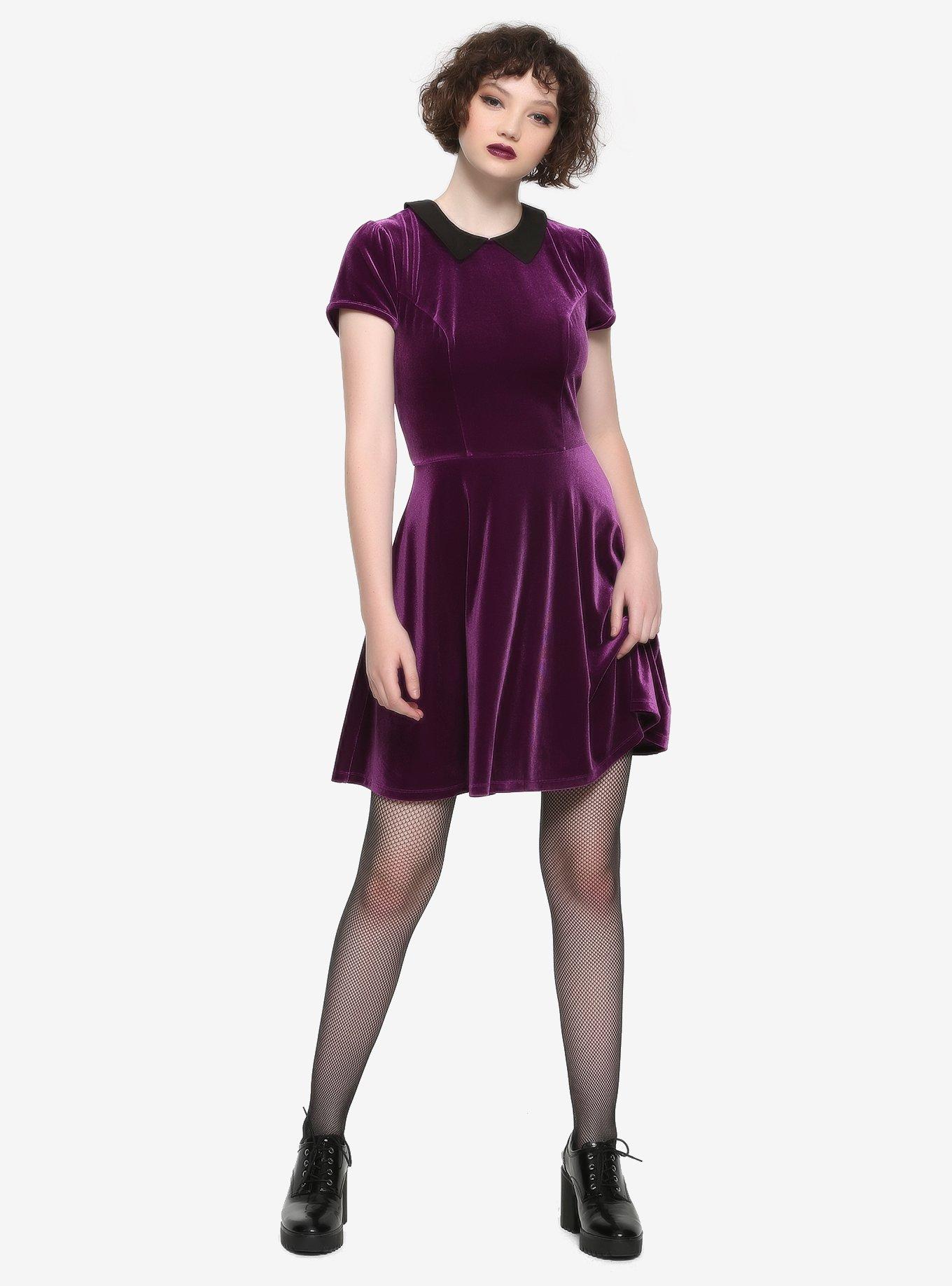 Purple Velvet Collared Dress, BURGUNDY, alternate