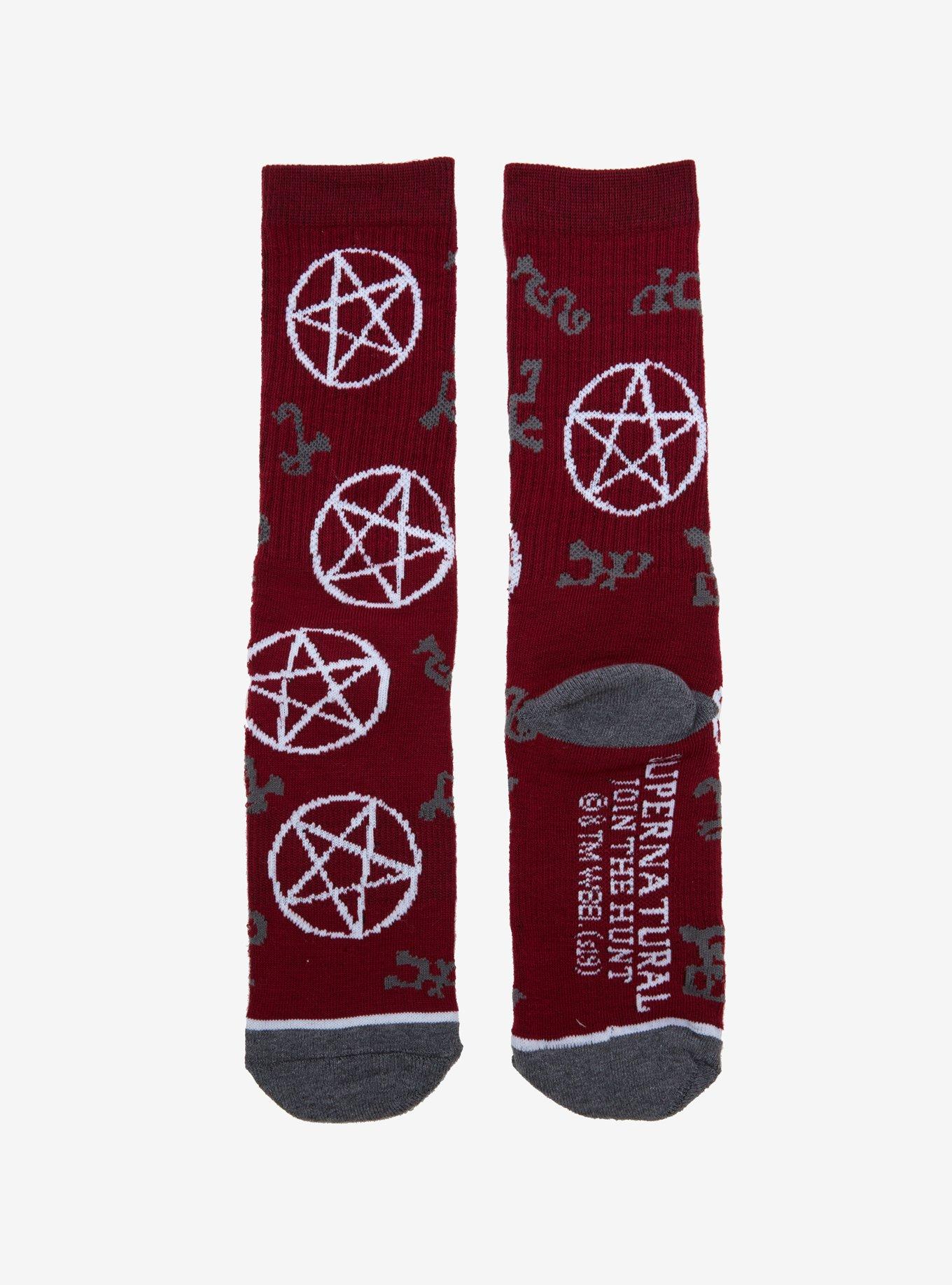 Supernatural Burgundy Symbols Crew Socks, , alternate
