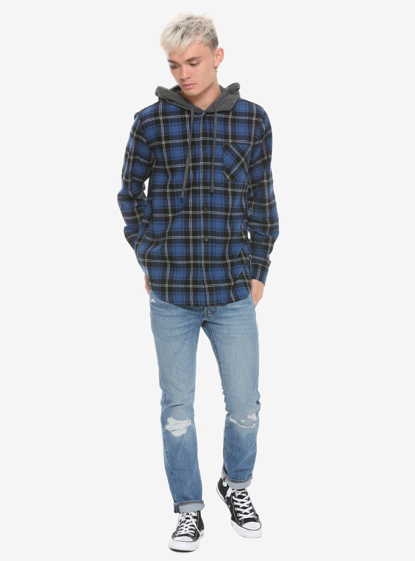 Blue Plaid Hooded Flannel Long-Sleeve Woven Button-Up, , alternate