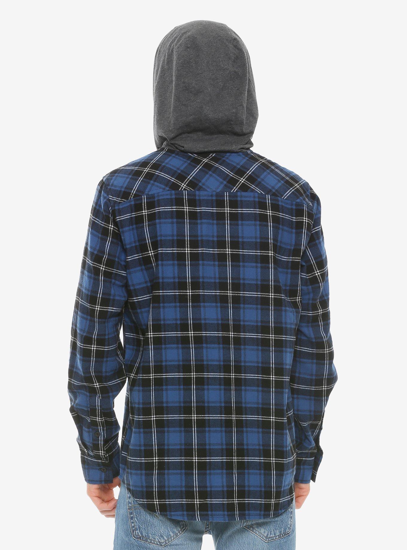 Blue Plaid Hooded Flannel Long-Sleeve Woven Button-Up, , alternate