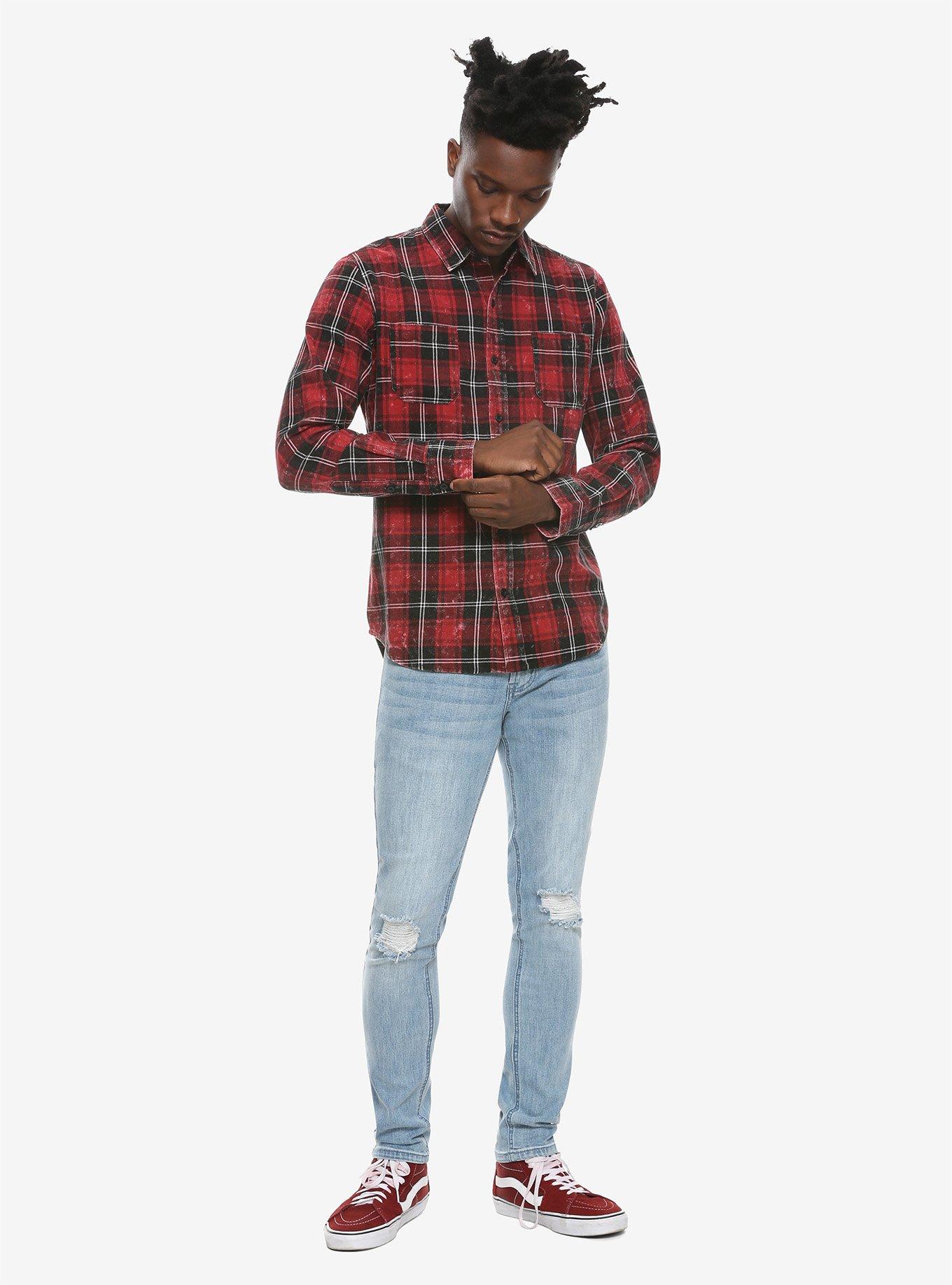 Distressed Red Plaid Woven Button-Up, BLACK, alternate