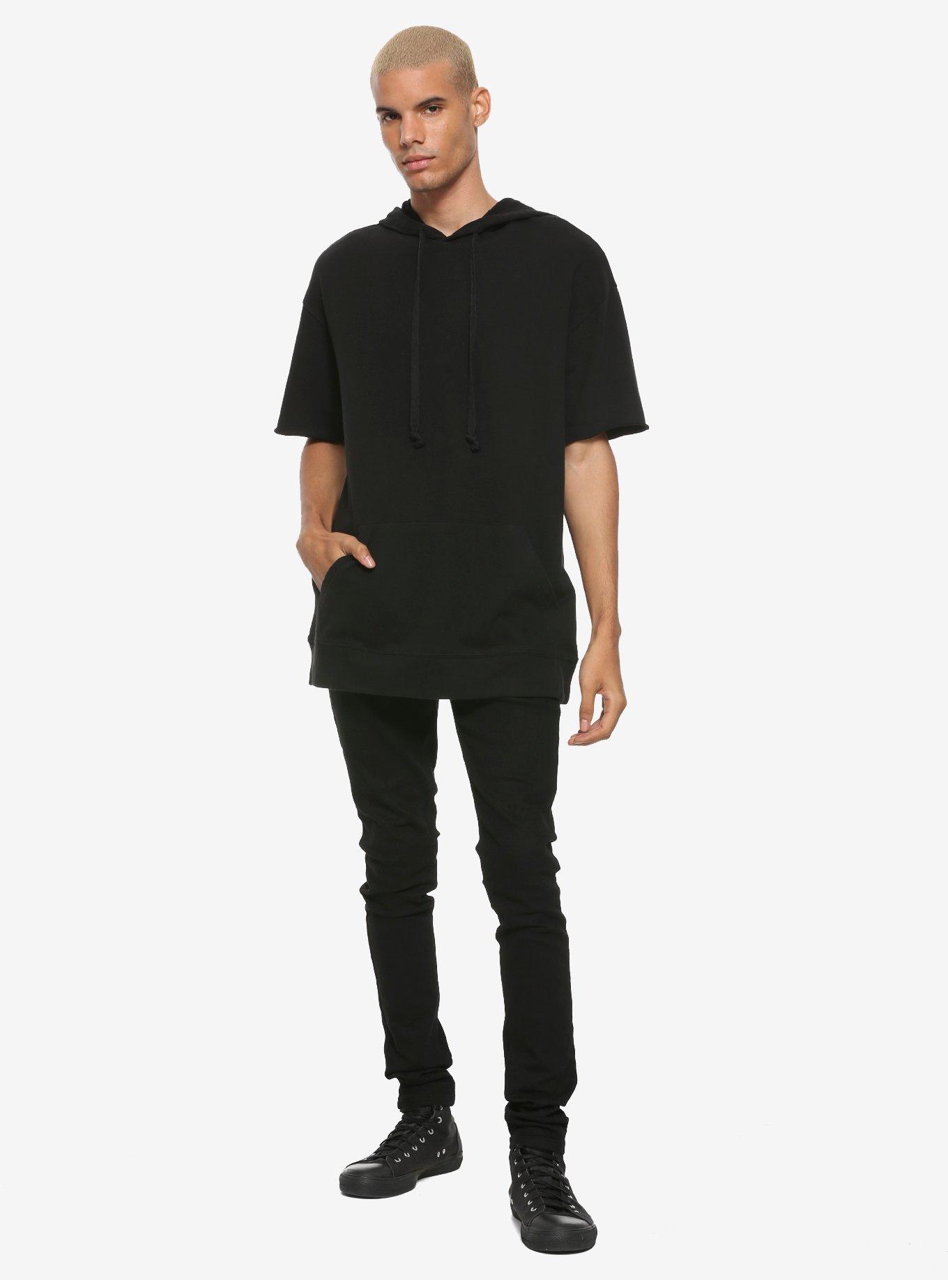 Solid Black Short-Sleeve Hoodie, BLACK, alternate