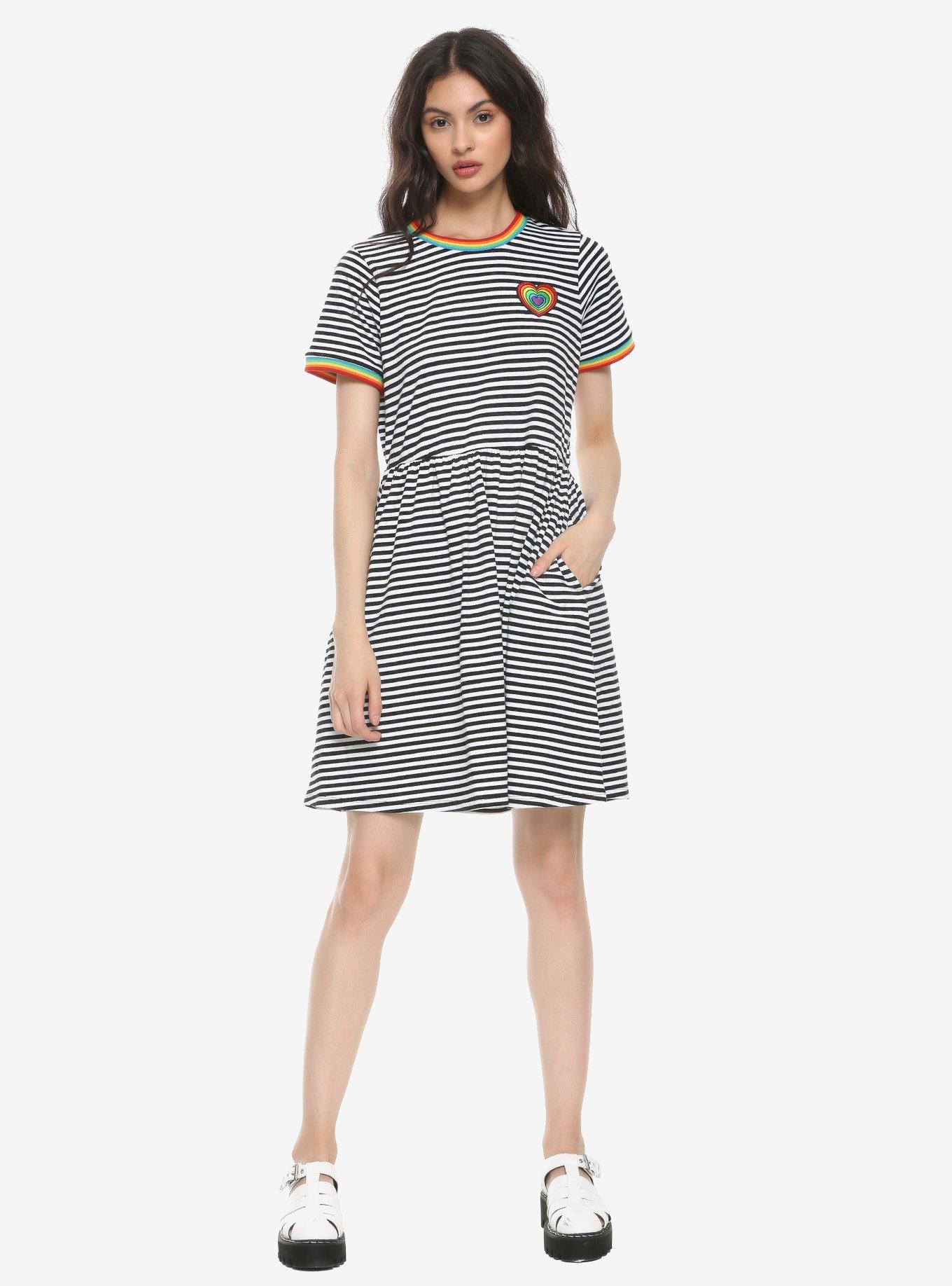 Stripe Rainbow Ringer Dress, BLACK-WHITE STRIPE, alternate