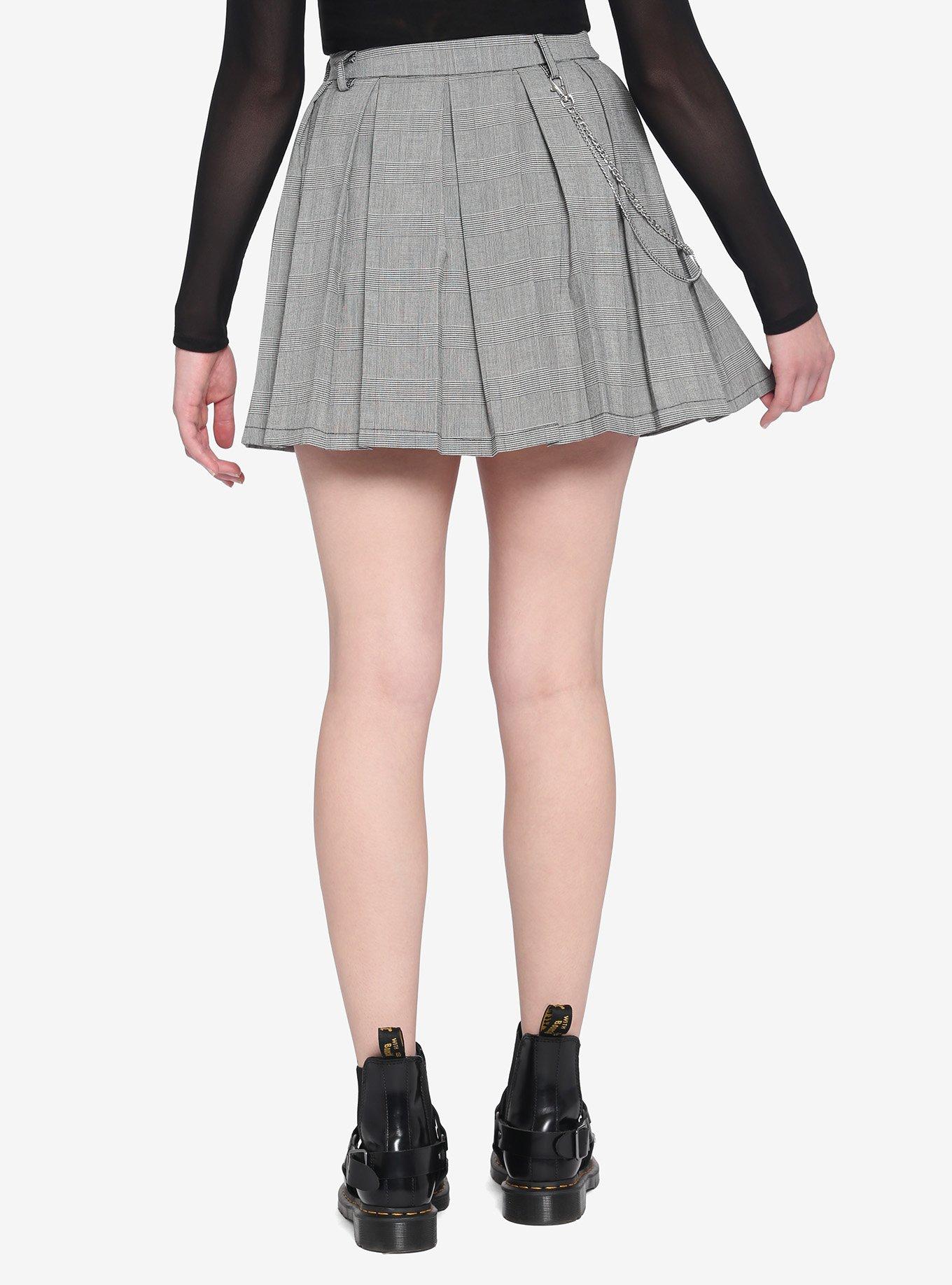 Grey Plaid Chain Pleated Skirt, PLAID - GREY, alternate