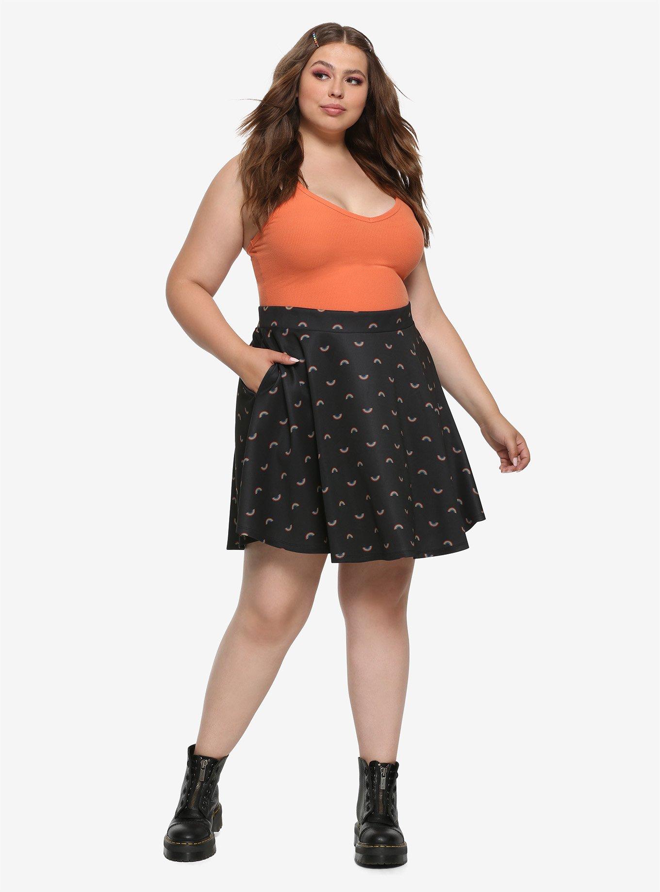 Rainbow Print Skater Skirt Plus Size, BLACK, alternate