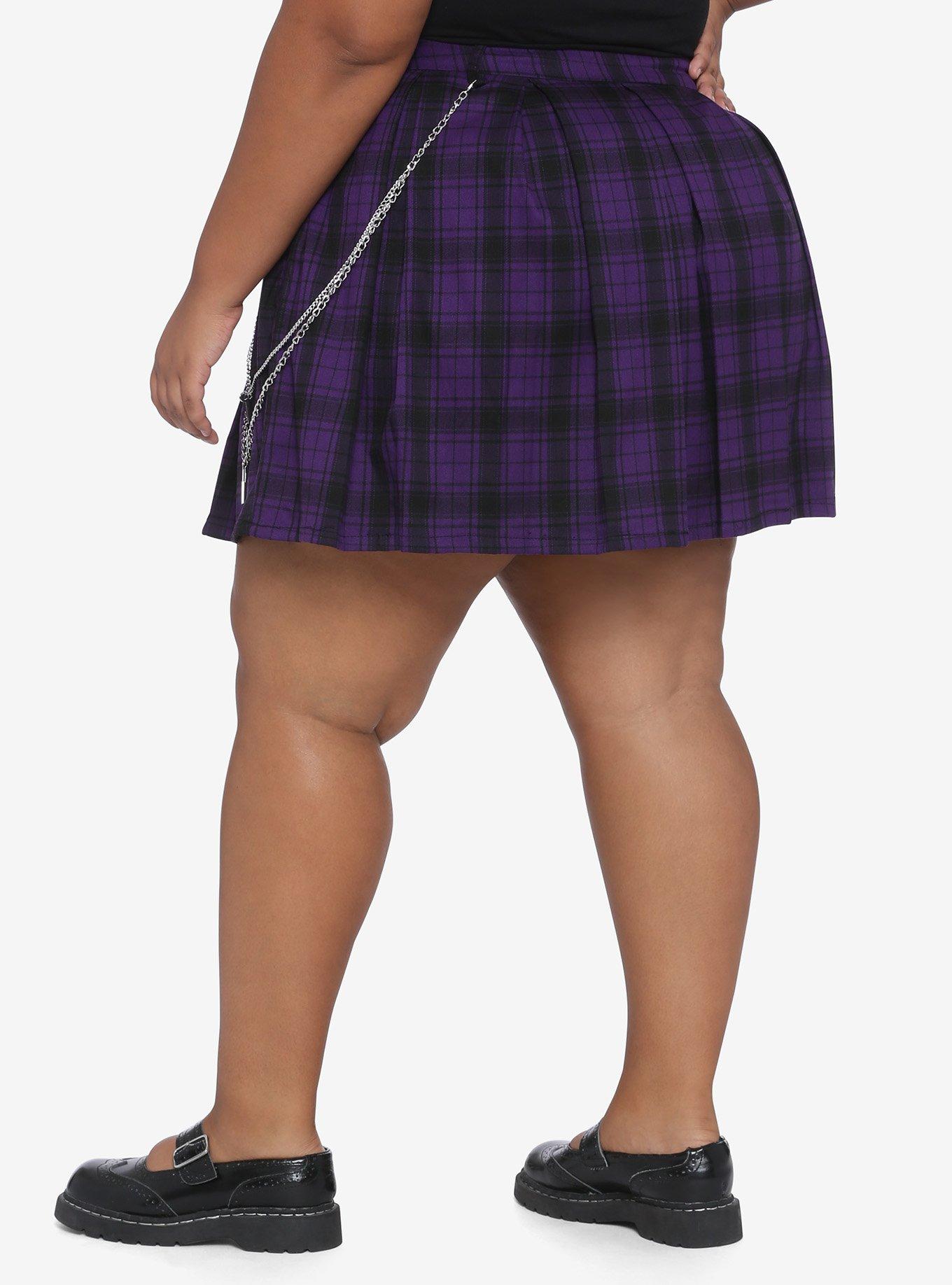 Purple Plaid Pleated Chain Skirt Plus Size, PLAID, alternate