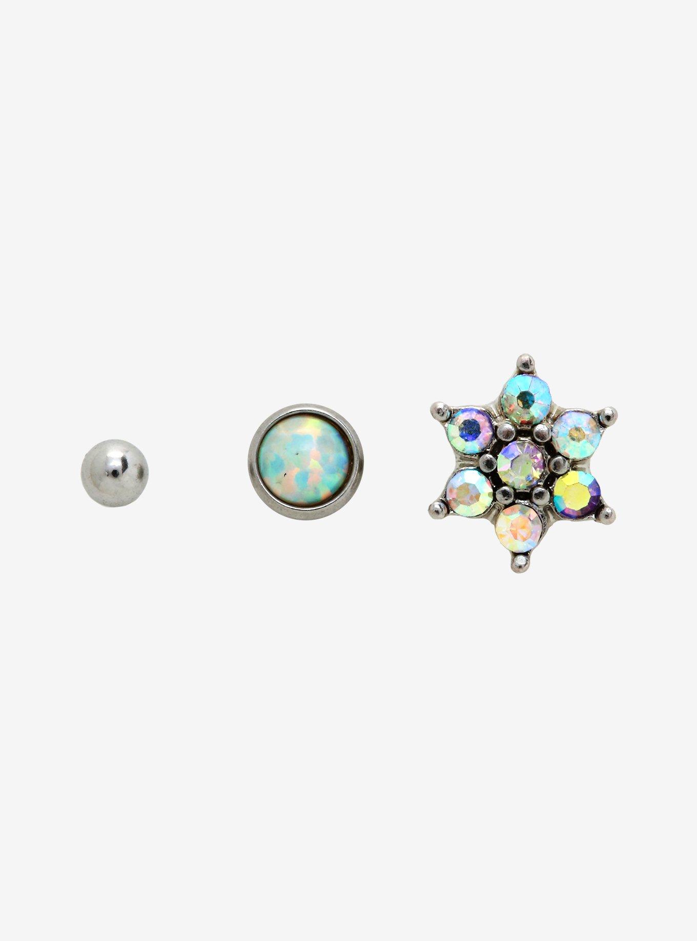 18G Steel Opal Flower Cartilage Stud 3 Pack, , alternate
