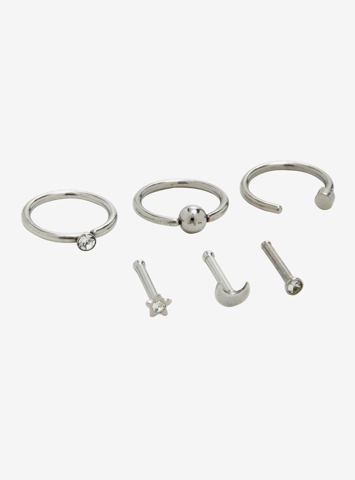 Steel Star & Moon Nose Stud & Hoop 6 Pack, SILVER, alternate