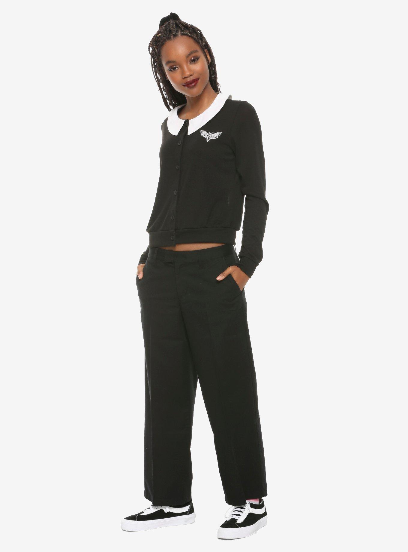 Embroidered Moth Girls Collared Black Cardigan, BLACK, alternate