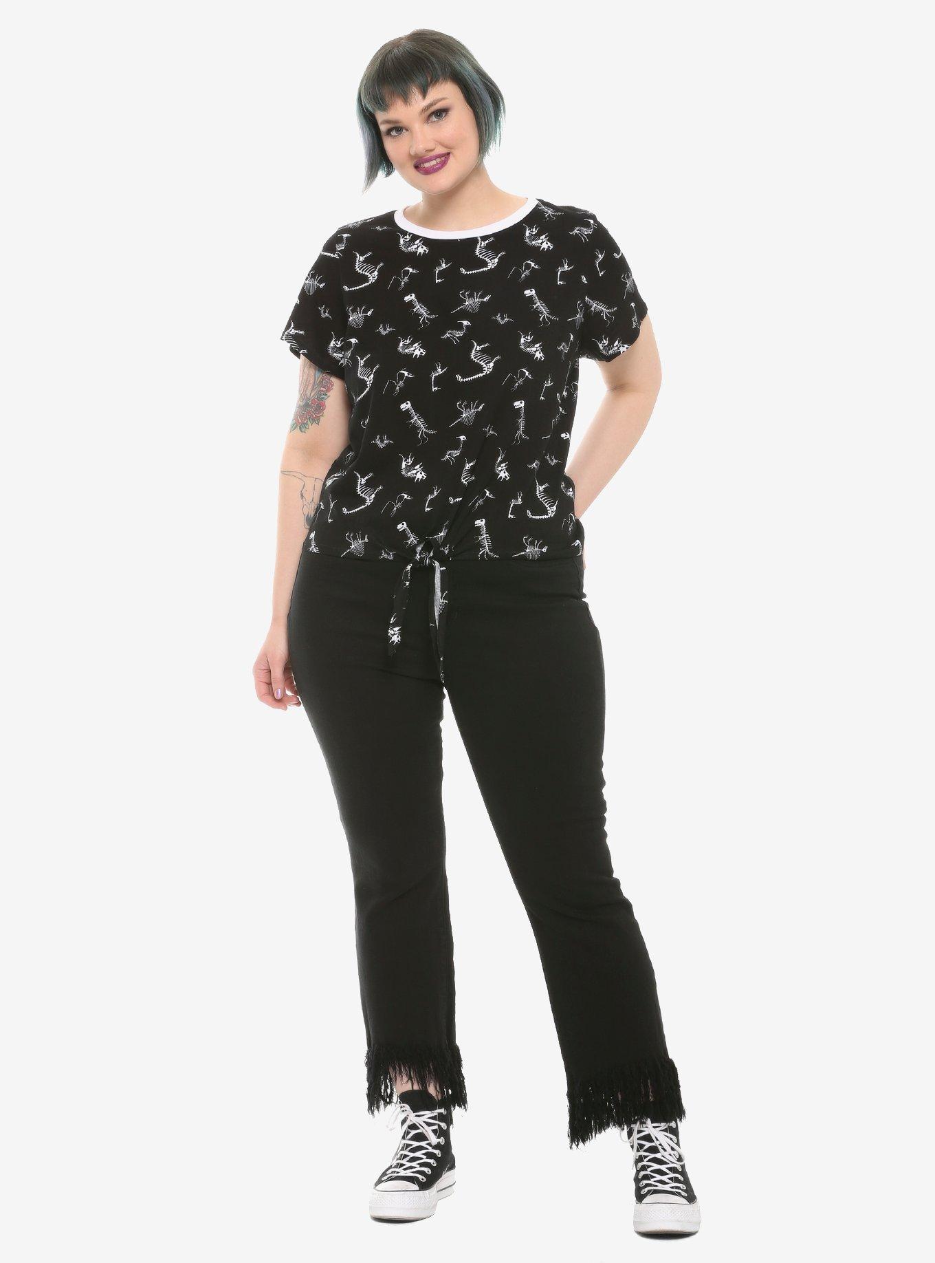 Dinosaur Skeleton Tie-Front Girls T-Shirt Plus Size, BLACK, alternate